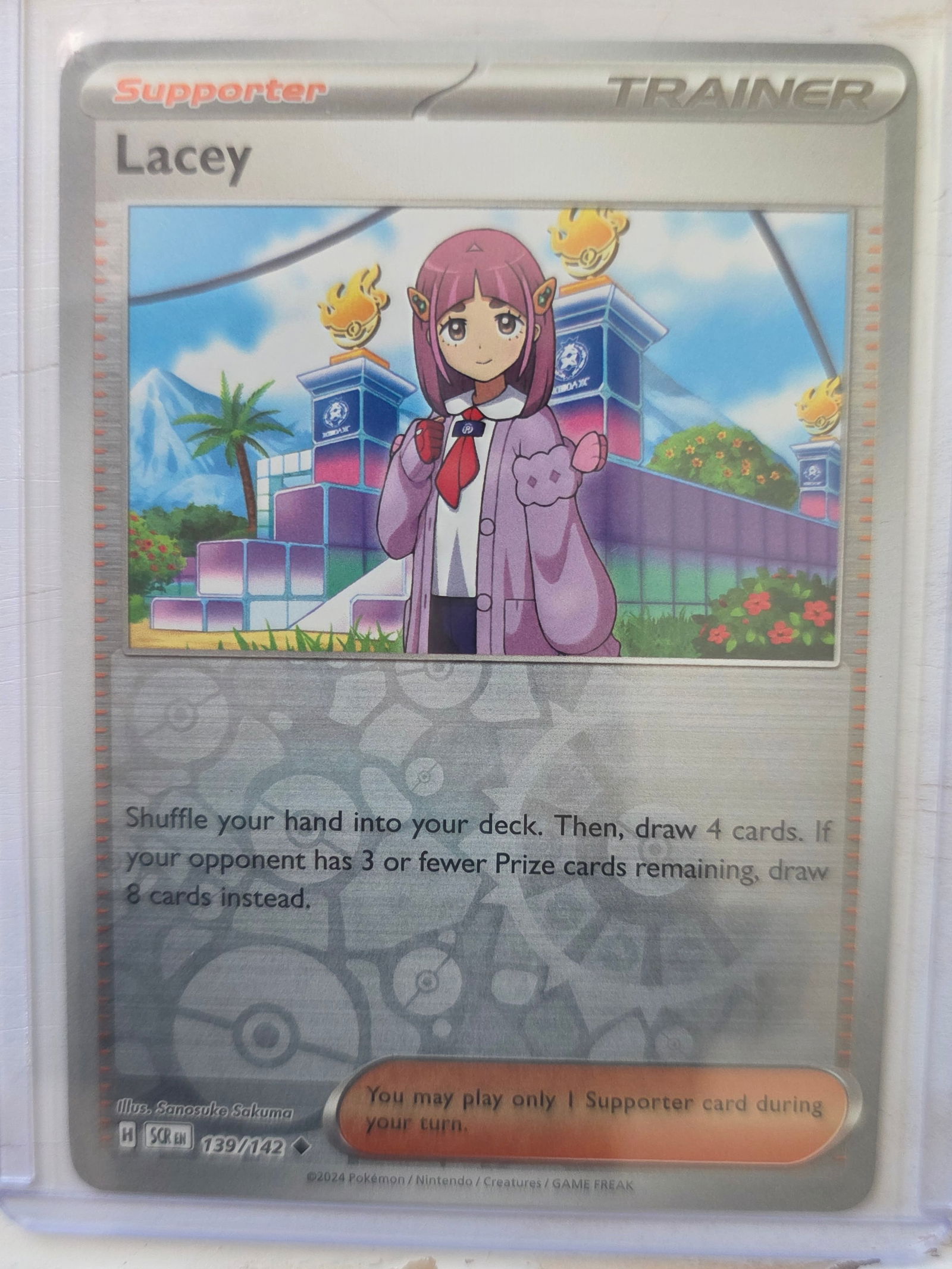 2024 Lacey SV Base 139/142 Reverse Holo Trainer: 2024 Lacey Supporter Trainer card. Scarlet and Violet Base set. Card number 139/142. Reverse holo pattern on card front. Preowned card stored in penny sleeve and top loader. Sold as shown.