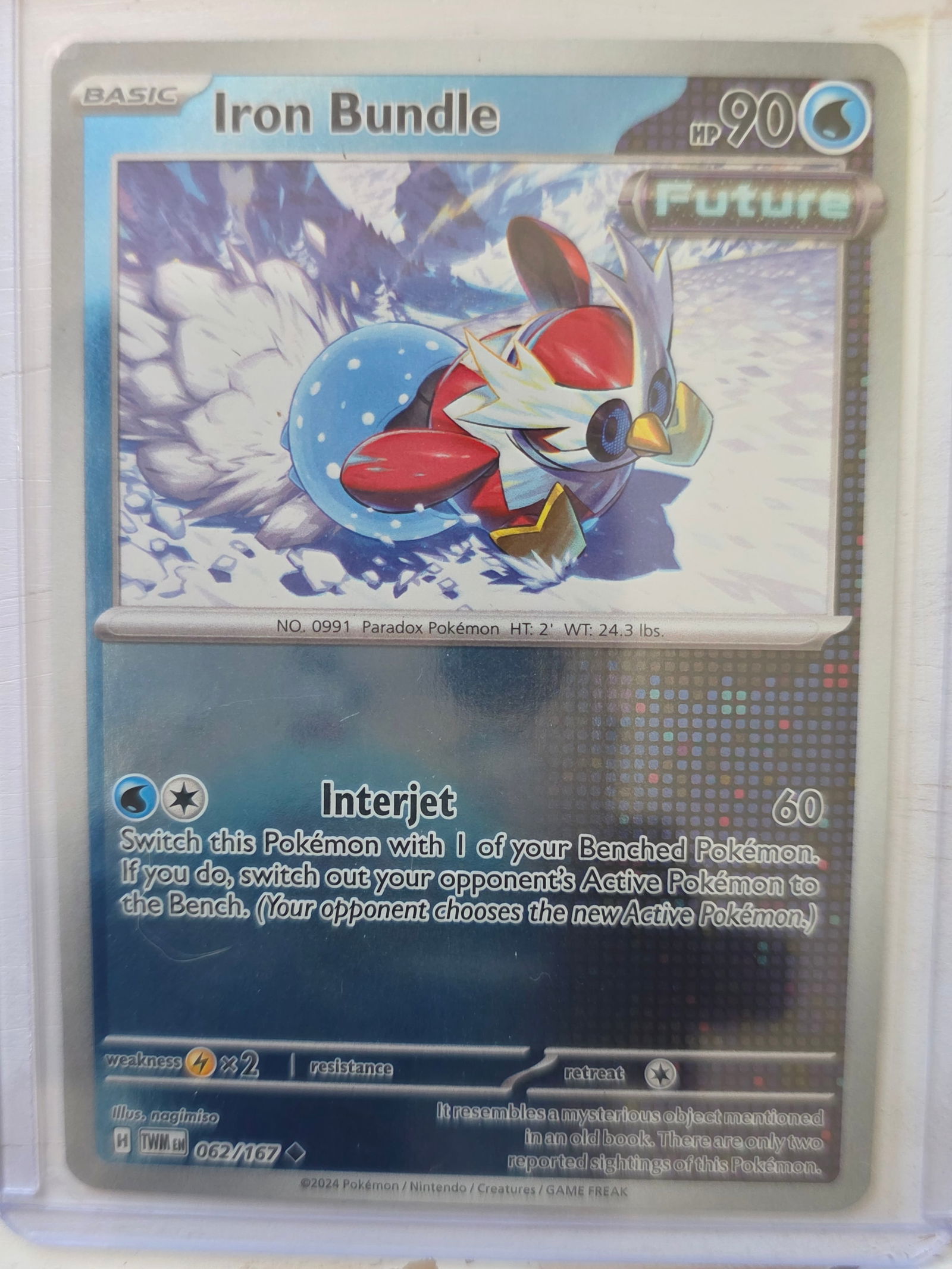 2024 Iron Bundle Temporal Forces 062/167 Reverse Holo: 2024 Iron Bundle Basic Water type Pokemon. Temporal Forces set. Card number 062/167. HP 90. Attack Interjet 60. Reverse holo pattern on card front. Preowned card stored in penny sleeve and top loader.