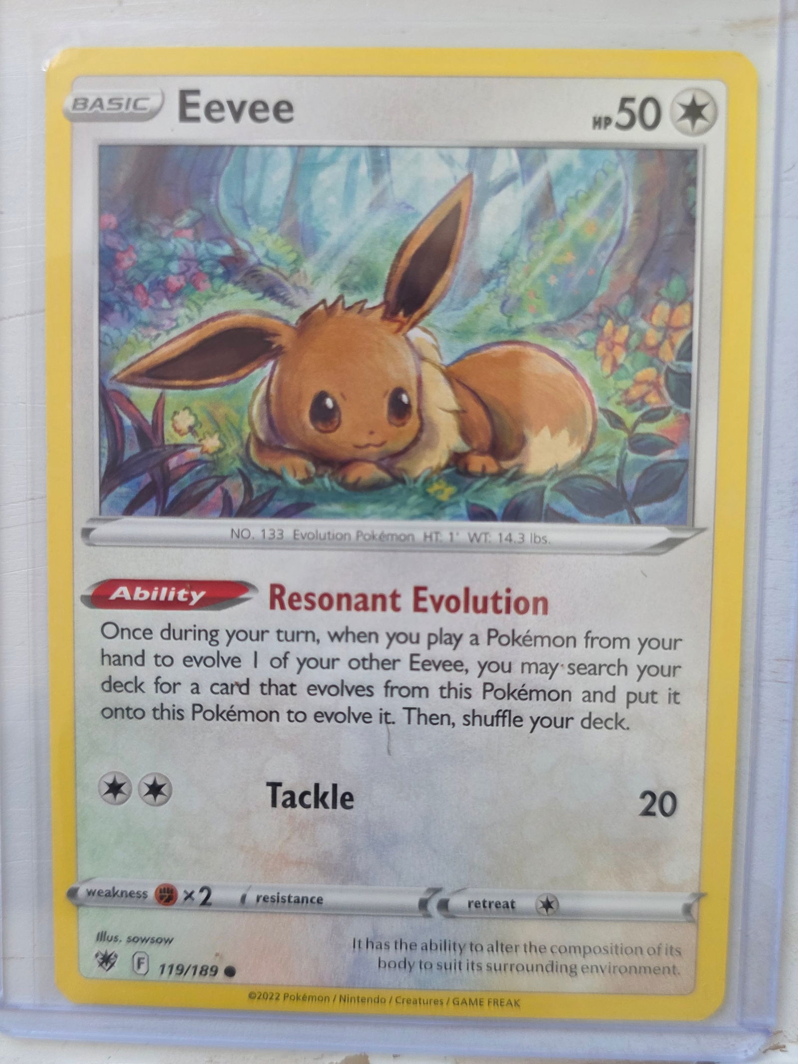 2022 Eevee Astral Radiance 119/189: 2022 Eevee Basic Colorless type Pokemon. Astral Radiance set. Card number 119/189. HP 50. Ability Resonant Evolution. Attack Tackle 20. Non holo card front. Preowned card stored in penny sleeve and to
