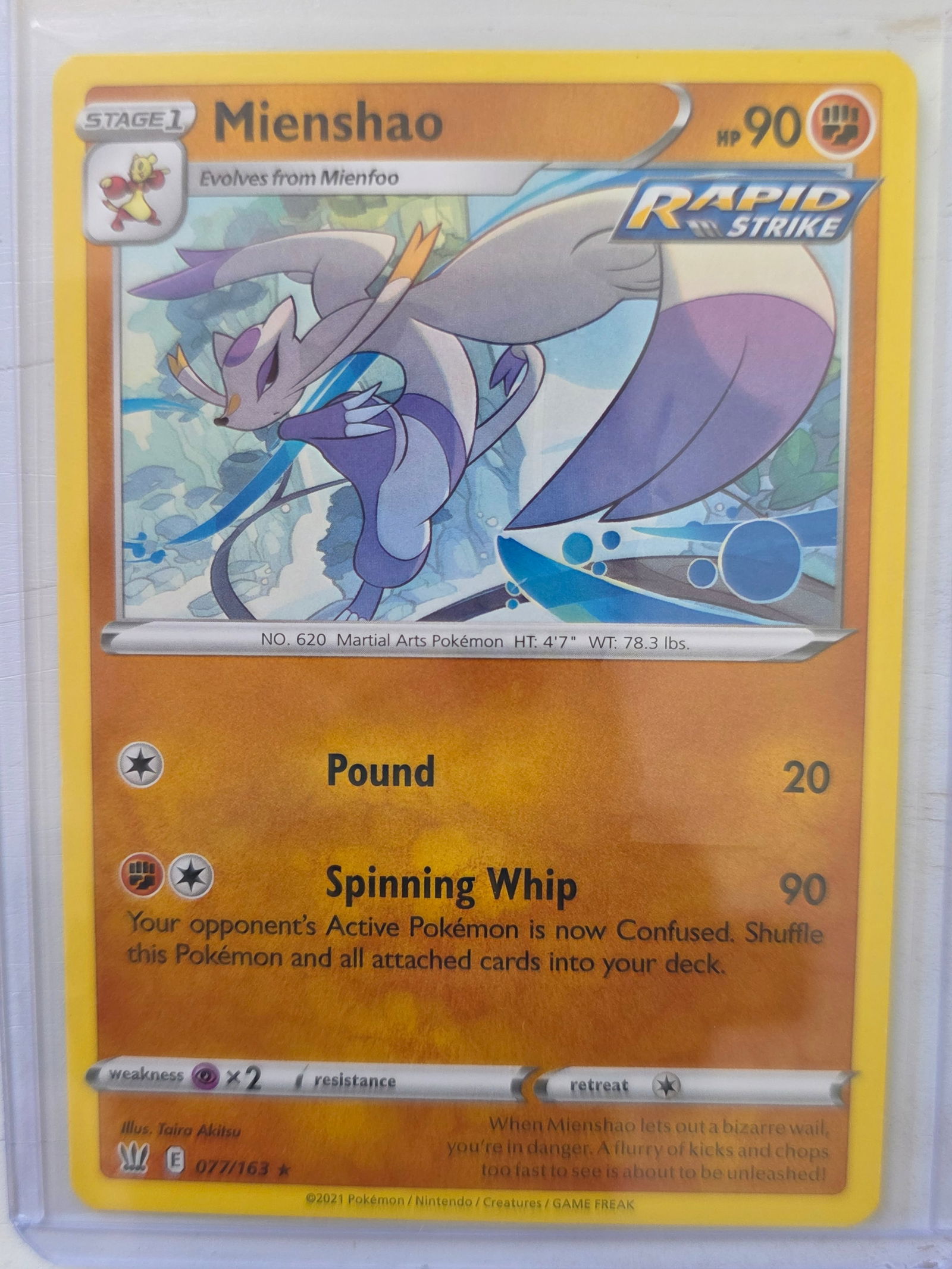 2021 Mienshao Battle Styles 077/163 Rapid Strike Holo: 2021 Mienshao Stage 1 card 077/163 from Battle Styles. Rapid Strike single strike style marking. 90 HP Fighting type. Pound 20 and Spinning Whip 90. Holo foil card. Preowned and stored in penny sleeve