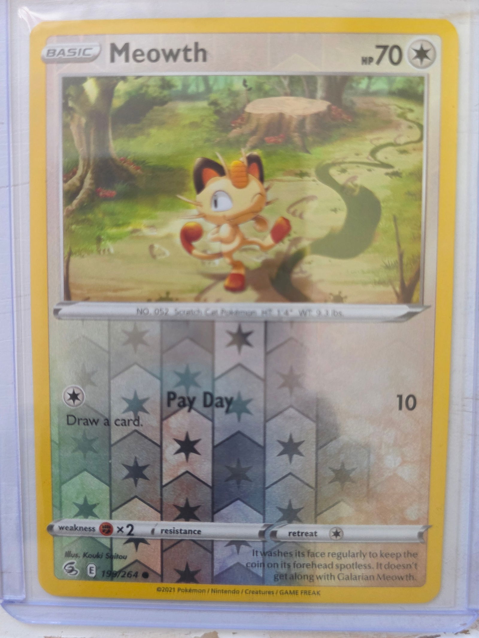 2021 Meowth Fusion Strike 199/264 Reverse Holo: 2021 Meowth Basic card 199/264 from Fusion Strike. 70 HP Colorless type. Pay Day 10. Reverse holo foil pattern across card surface with non holo artwork box. Preowned and stored in penny sleeve and to