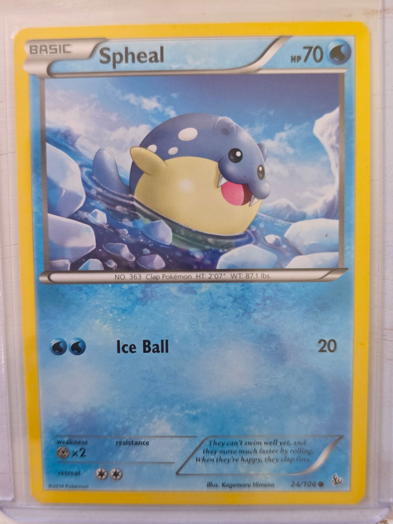 2014 Spheal XY 24/106 Non Holo: 2014 Spheal Basic card 24/106 from XY Flashfire. 70 HP Water type. Ice Ball 20. Non holo card. Preowned and stored in penny sleeve and top loader. Sold as shown.