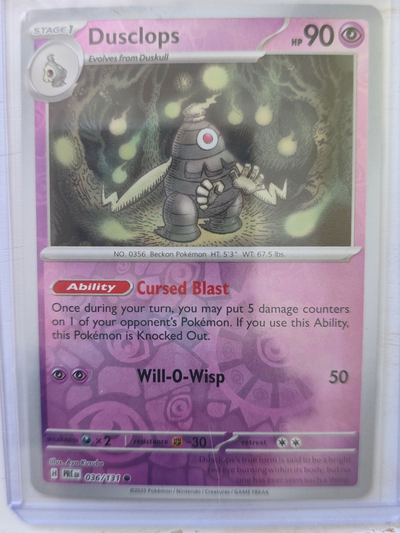 2025 Dusclops Prismatic Evolutions 036/131 Reverse Holo: 2025 Dusclops Stage 1 card 036/131 from Prismatic Evolutions. 90 HP Psychic type. Ability Cursed Blast and Will-O-Wisp 50. Reverse holo card. Preowned and stored in penny sleeve and top loader. Sold a