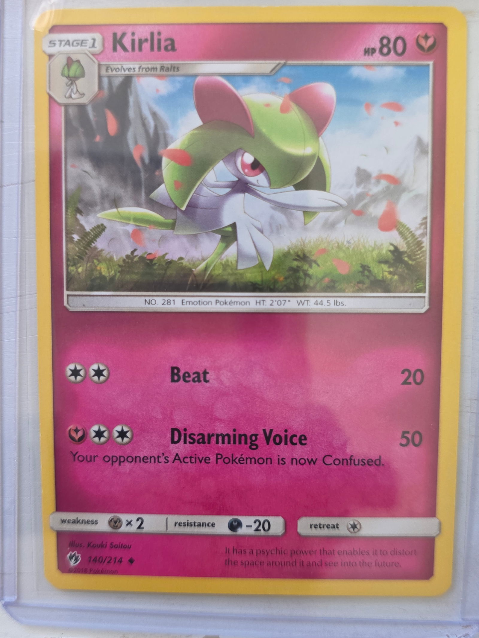 2018 Kirlia Lost Thunder 140/214 Non Holo: 2018 Kirlia Stage 1 card 140/214 from Sun and Moon Lost Thunder. 80 HP Psychic type. Beat 20 and Disarming Voice 50. Non holo card. Preowned and stored in penny sleeve and top loader. Sold as shown.