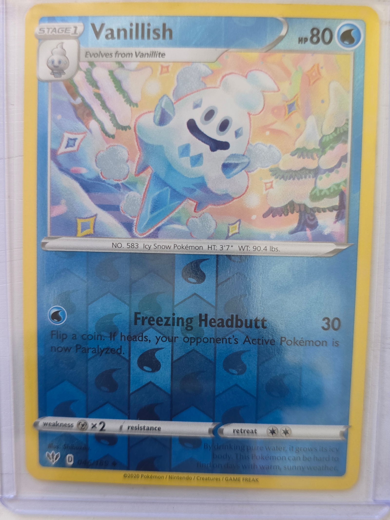 2020 Vanillish Vivid Voltage 044/185 Reverse Holo: 2020 Vanillish Stage 1 card 044/185 from Sword and Shield Vivid Voltage. 80 HP Water type. Freezing Headbutt 30 attack. Reverse holo card. Preowned and stored in penny sleeve and top loader. Sold as s