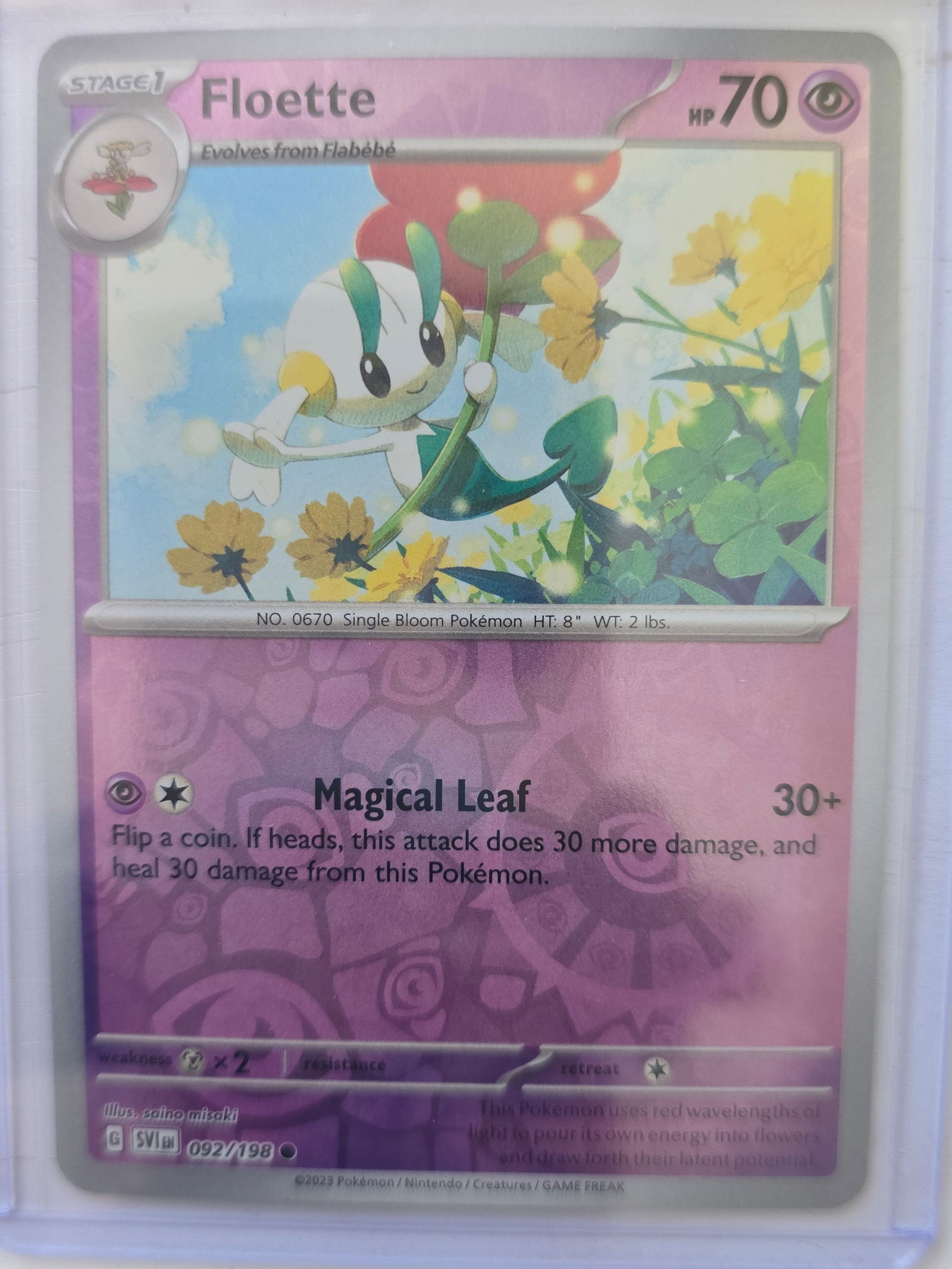 2023 Floette Scarlet and Violet 092/198 Reverse Holo: 2023 Floette Stage 1 card 092/198 from Scarlet and Violet base set. 70 HP Psychic type. Magical Leaf 30+ attack. Reverse holo card. Preowned and stored in penny sleeve and top loader. Sold as shown.