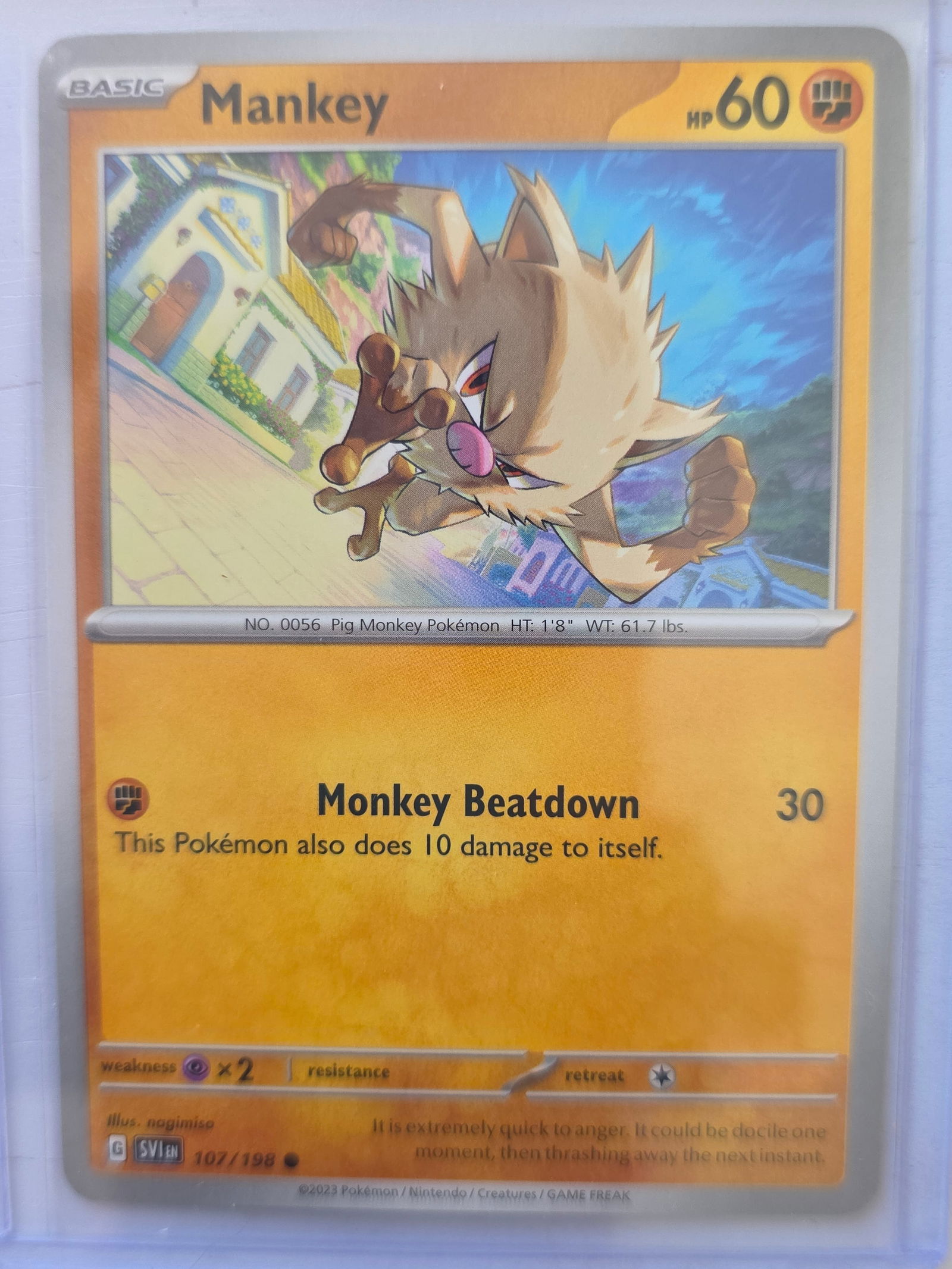 2023 Mankey Scarlet and Violet 107/198 Non Holo: 2023 Mankey Basic card 107/198 from Scarlet and Violet base set. 60 HP Fighting type. Monkey Beatdown 30 attack. Non holo card. Preowned and stored in penny sleeve and top loader. Sold as shown.