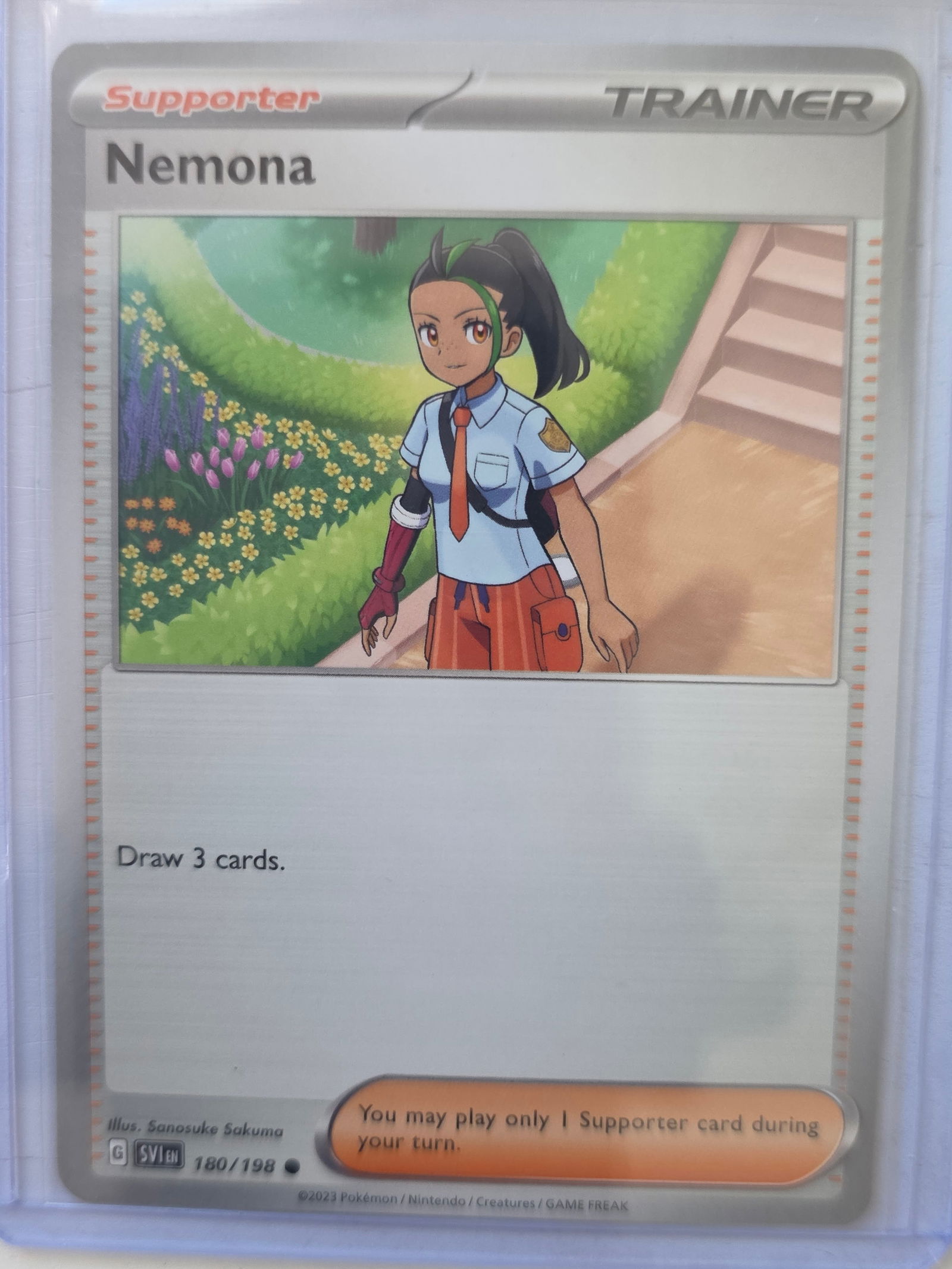 2023 Nemona Scarlet & Violet 180/198 Uncommon Trainer Pokemon Card: 2023 Nemona Supporter Trainer Pokemon card from the Scarlet & Violet set, card number 180/198. Preowned card stored in a penny sleeve and top loader. Please review photos for centering, edges, corners