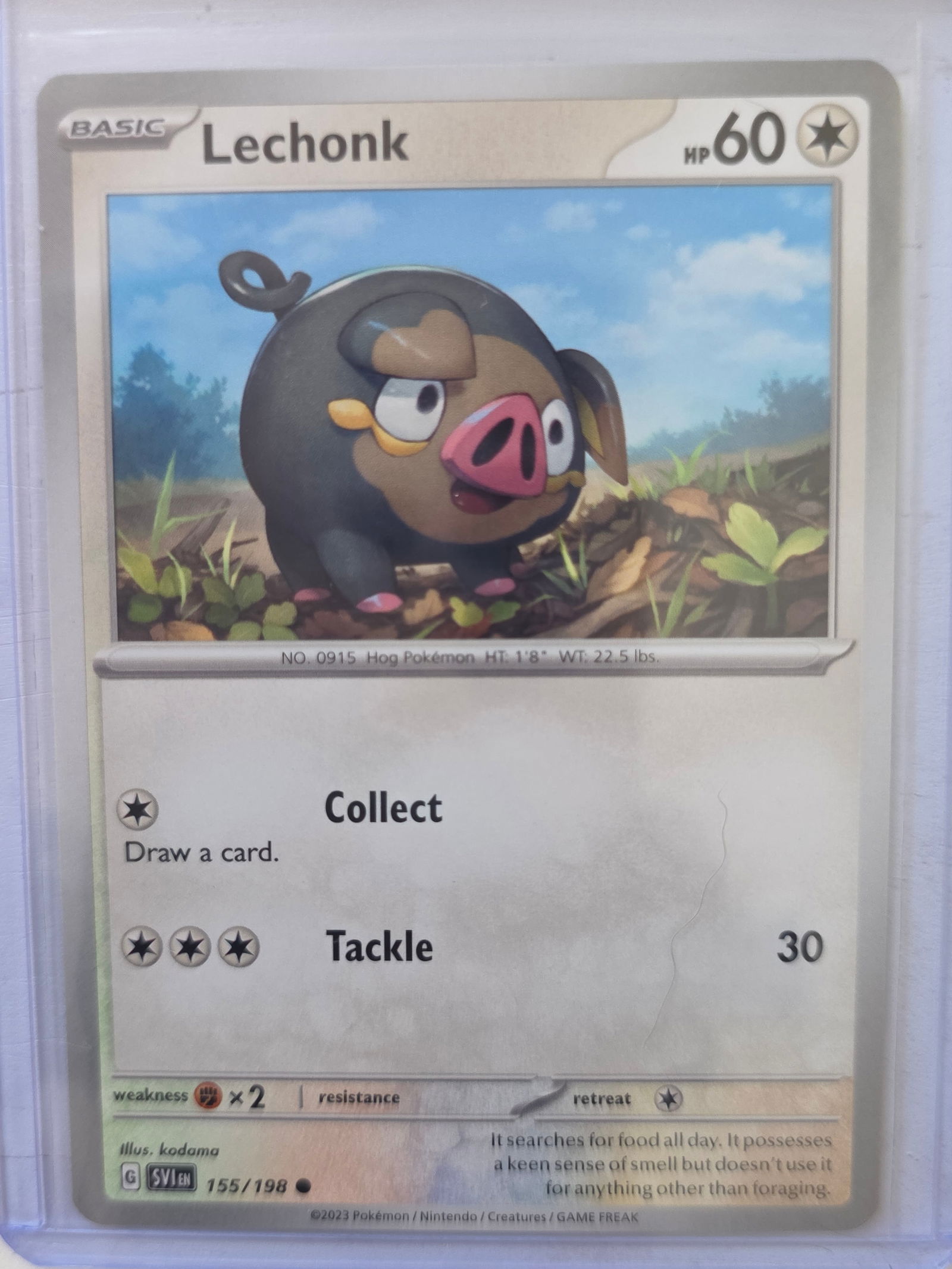 2023 Lechonk Scarlet & Violet 155/198 Common Pokemon Card: 2023 Lechonk Pokemon card from the Scarlet & Violet set, card number 155/198. Preowned card stored in a penny sleeve and top loader. Please review photos for centering, edges, corners, and surface con