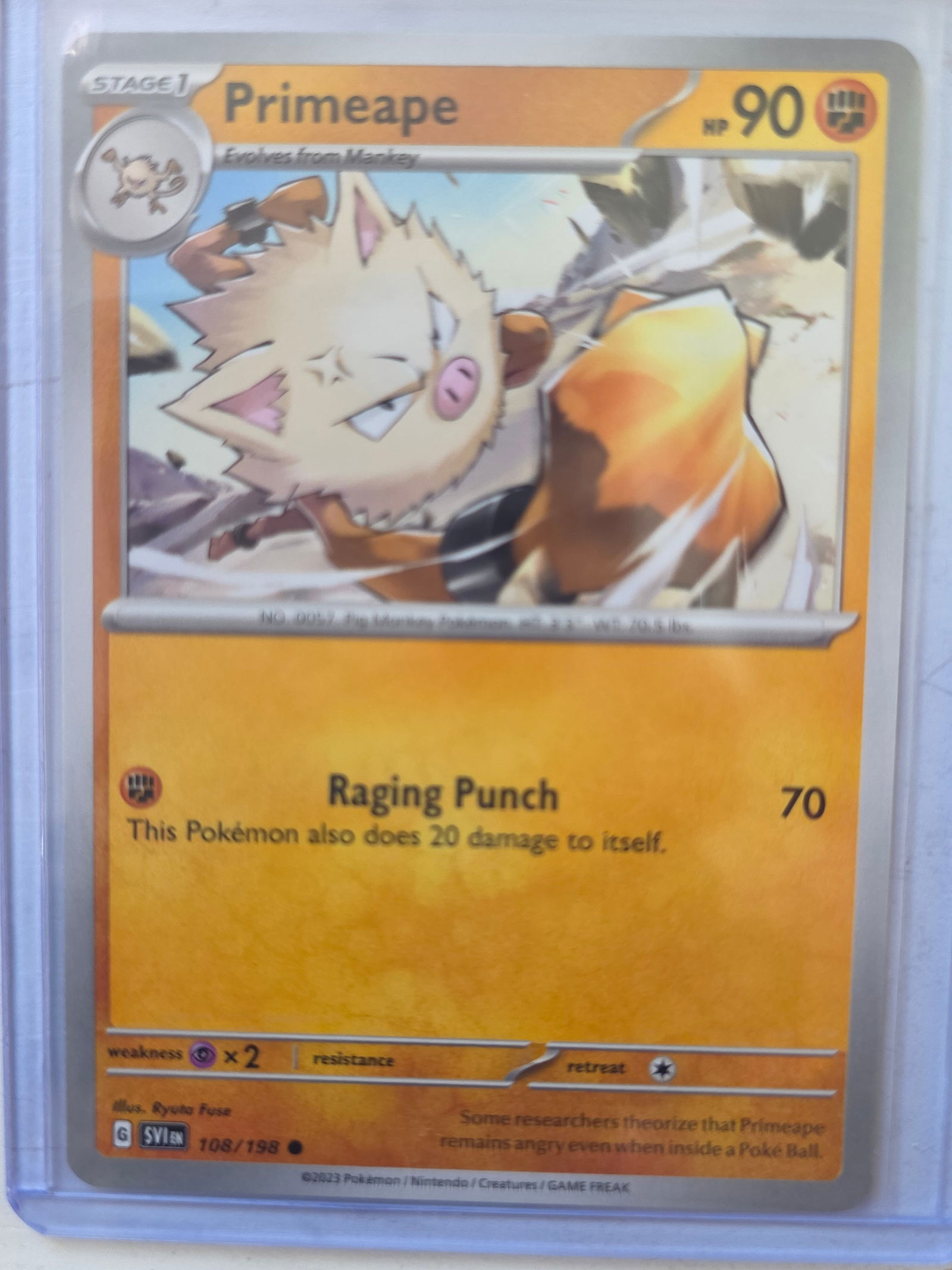 2023 Scarlet & Violet Primeape 108/198 Uncommon Pokemon TCG Card Nintendo: 2023 Primeape Stage 1 Pokemon TCG trading card from the Scarlet & Violet base set, card number 108/198. Official Nintendo Pokemon trading card produced by Pokemon, Nintendo, Creatures, and GAME FREAK.