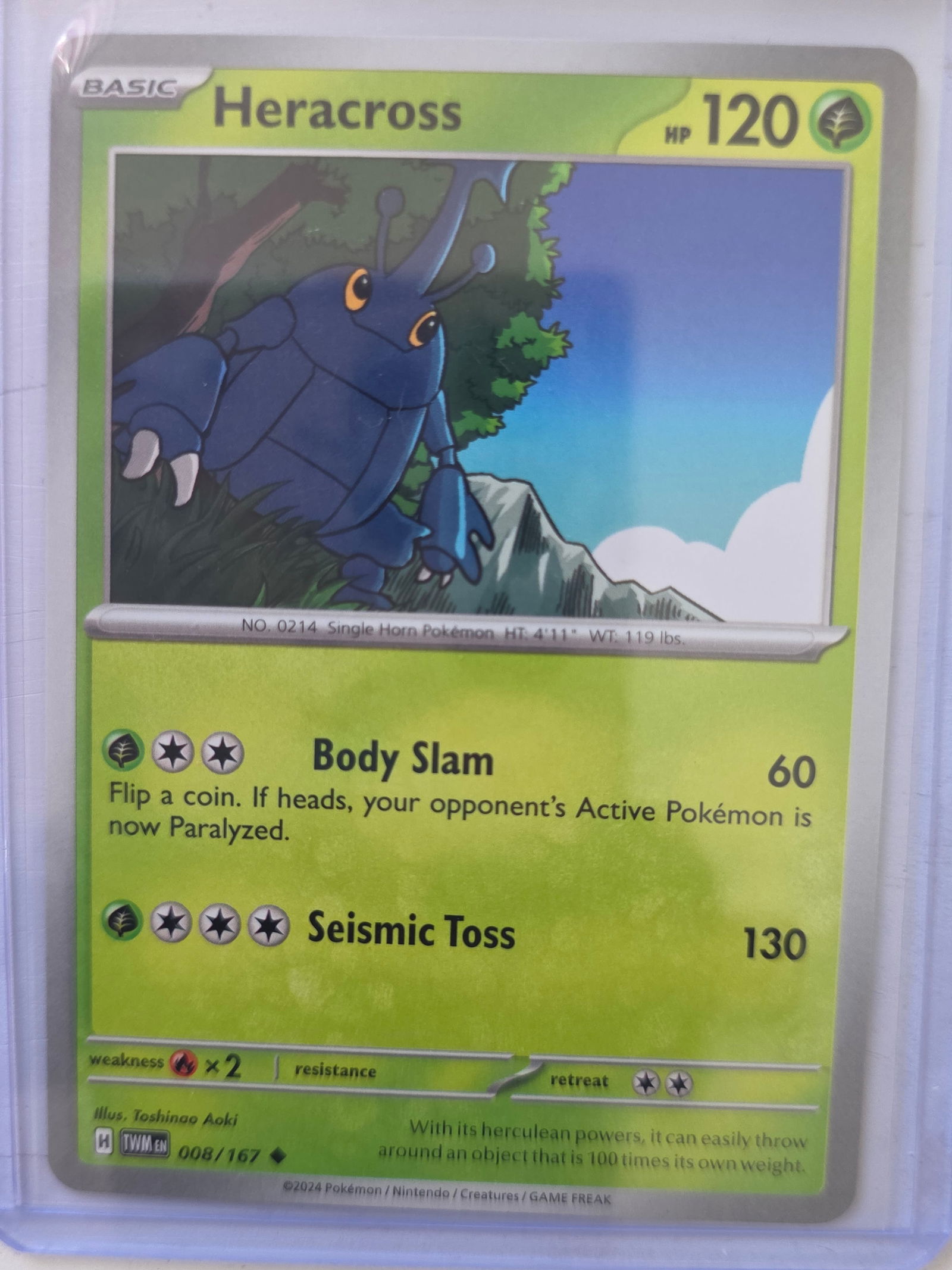 2024 Heracross Twilight Masquerade 008/167 Rare Pokemon TCG Card Nintendo: 2024 Heracross Pokemon TCG trading card from the Twilight Masquerade set, card number 008/167. Official Nintendo Pokemon trading card produced by Pokemon, Nintendo, Creatures, and GAME FREAK. Preowned