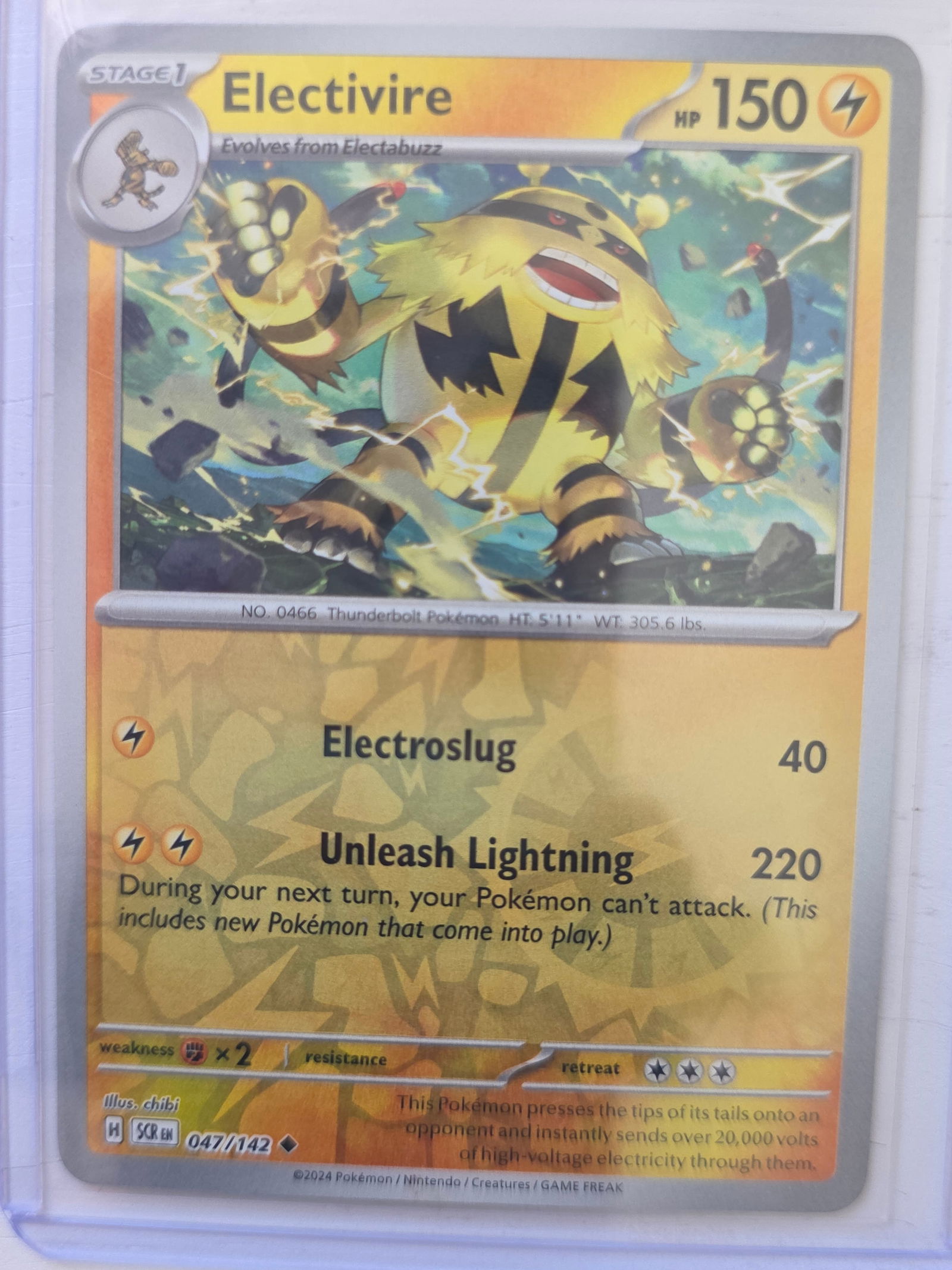 2024 Electivire Stellar Crown 047/142 Reverse Holo Pokemon Card: 2024 Pokemon Electivire reverse holo card number 047/142 from the Scarlet & Violet Stellar Crown set. This card is preowned and has been stored in a penny sleeve and top loader. Please review photos c