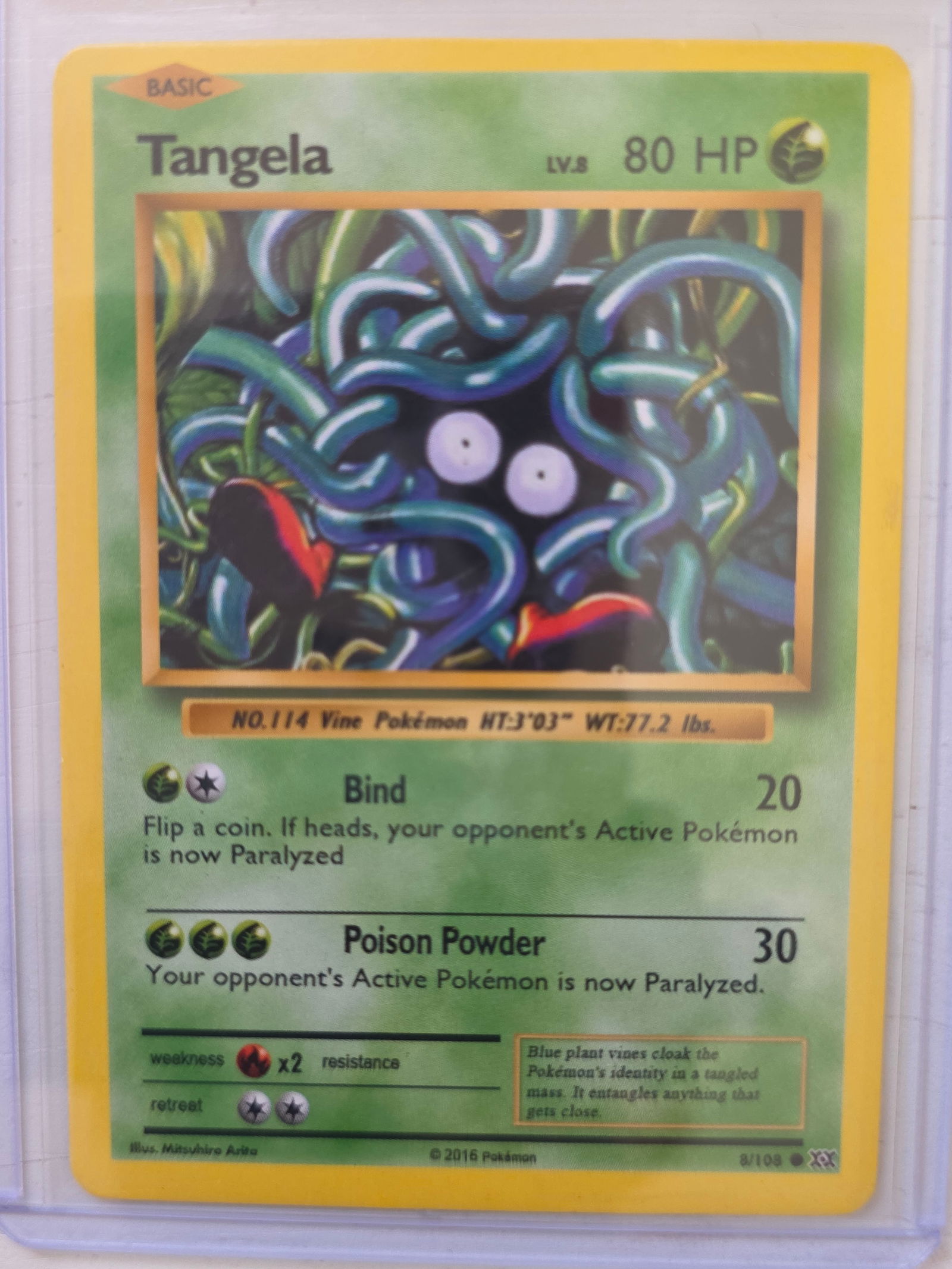 2016 Tangela XY Evolutions 8/108 Pokemon Card: 2016 Pokemon Tangela card numbered 8/108 from the XY Evolutions expansion set, illustrated by Mitsuhiro Arita. Classic artwork reprint styled after the original Base Set era. Card stored in penny slee