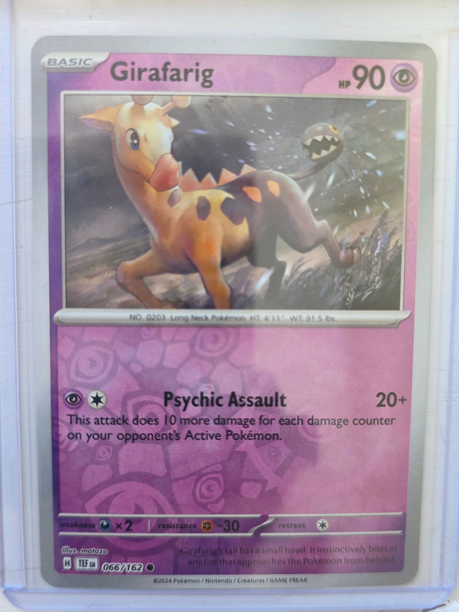 2024 Girafarig Temporal Forces 066/162 Reverse Holo Pokemon Card: 2024 Pokemon Girafarig reverse holo card numbered 066/162 from the Temporal Forces expansion set with artwork by matazo. Reverse holo foil pattern across the card surface. Card stored in penny sleeve