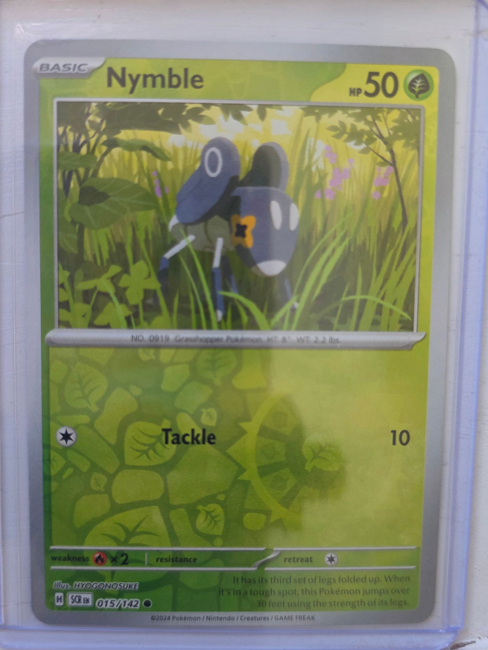 2024 Nymble Stellar Crown 015/142 Reverse Holo Pokemon Card: 2024 Pokemon Nymble reverse holo card numbered 015/142 from the Scarlet & Violet Stellar Crown expansion set. Illustrated by HYOGONOSUKE. Reverse holo foil pattern across the card surface. Card stored