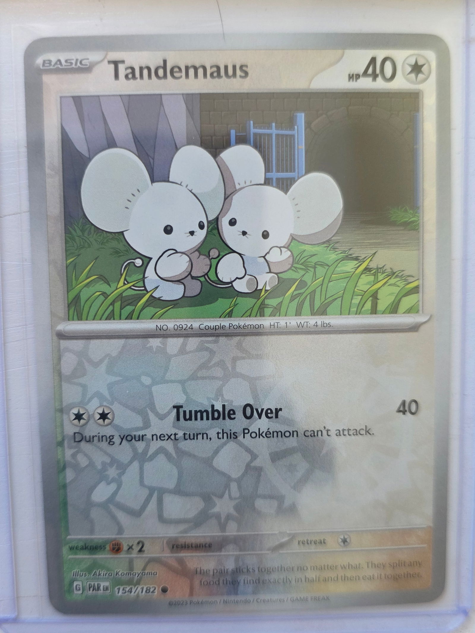 2023 Tandemaus Paradox Rift 154/182 Reverse Holo Pokemon Card: 2023 Pokemon Tandemaus reverse holo card numbered 154/182 from the Scarlet & Violet Paradox Rift expansion set. Illustrated by Akira Komayama. Reverse holographic foil pattern across the card surface.