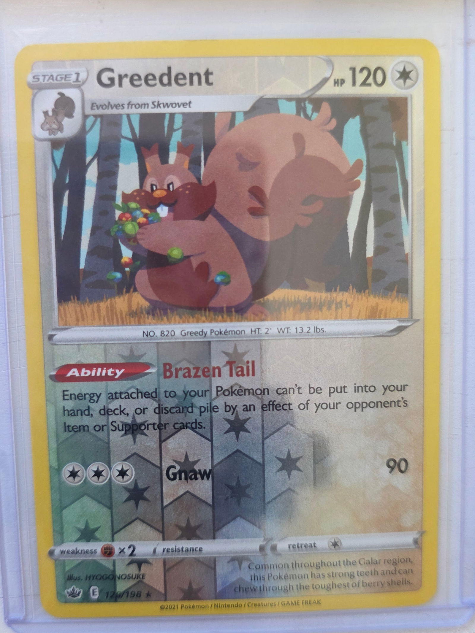 2021 Greedent Chilling Reign 120/198 Reverse Holo Pokemon Card: 2021 Pokemon Greedent reverse holo card numbered 120/198 from the Sword & Shield Chilling Reign expansion set. Illustrated by HYOGONOSUKE. Reverse holographic foil pattern across the card surface. Car