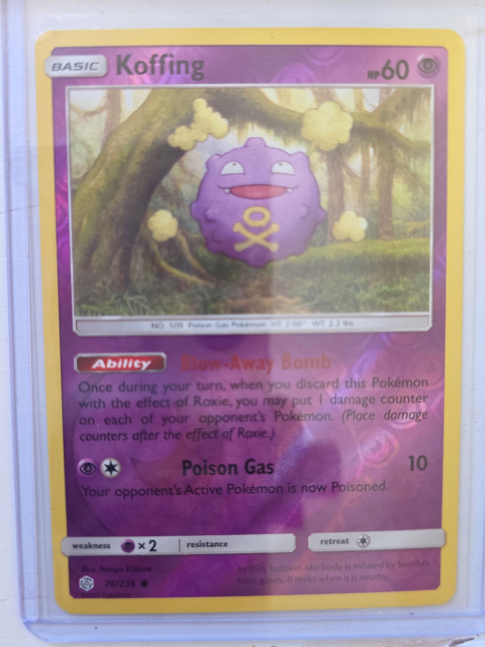 2019 Koffing Cosmic Eclipse 76/236 Reverse Holo Pokemon Card: 2019 Pokemon Koffing reverse holo card numbered 76/236 from the Sun & Moon Cosmic Eclipse expansion set. Illustrated by Naoyo Kimura with reverse holographic foil pattern across the card surface. Card