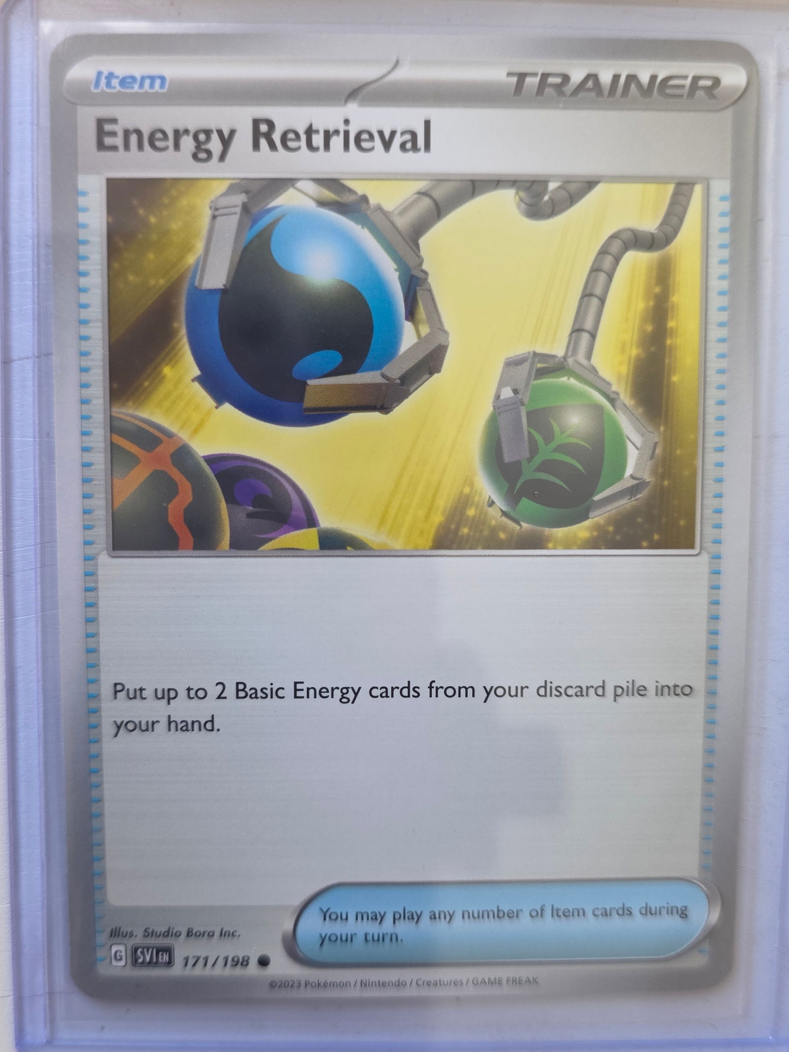 2023 Energy Retrieval Scarlet & Violet 171/198 Trainer Item Pokemon Card: 2023 Pokemon Trainer Item card Energy Retrieval numbered 171/198 from the Scarlet & Violet base expansion set. Illustrated by Studio Bora Inc. Trainer item card stored in penny sleeve and top loader.