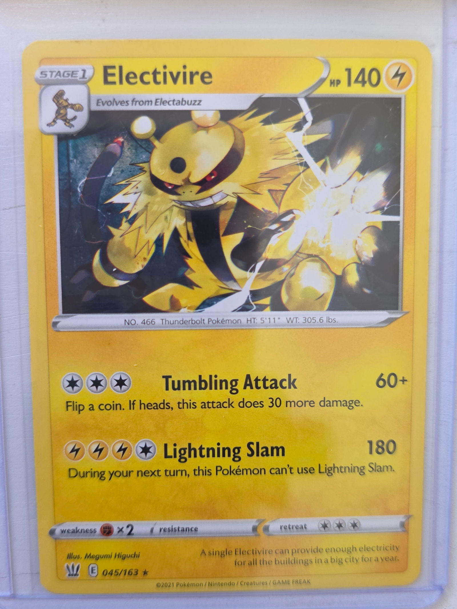 2021 Electivire Battle Styles 045/163 Rare Pokemon Card: 2021 Pokemon Electivire card numbered 045/163 from the Sword & Shield Battle Styles expansion set. Illustrated by Megumi Higuchi. Stage 1 Electric-type Pokemon evolving from Electabuzz. Card stored in