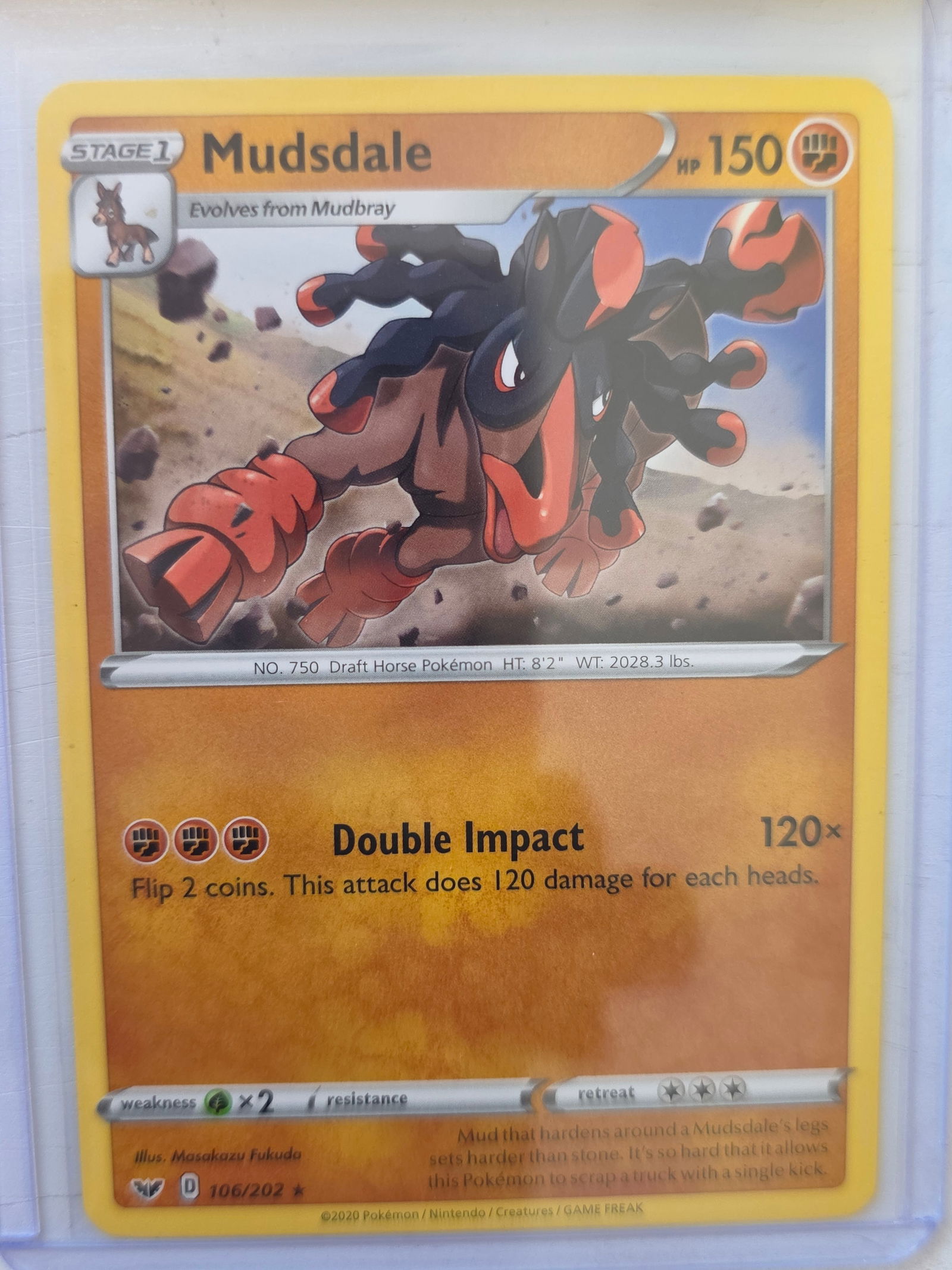 2020 Mudsdale Vivid Voltage 106/202 Rare Pokemon Card: 2020 Pokemon Mudsdale card numbered 106/202 from the Sword & Shield Vivid Voltage expansion set. Illustrated by Masakazu Fukuda. Stage 1 Fighting-type Pokemon evolving from Mudbray. Card stored in pen