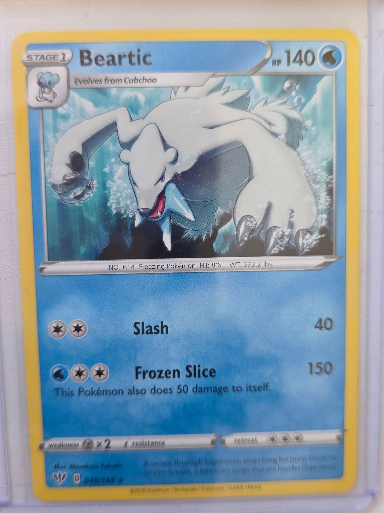 2020 Beartic Darkness Ablaze 049/189 Rare Pokemon Card: 2020 Pokemon Beartic card numbered 049/189 from the Sword & Shield Darkness Ablaze expansion set. Illustrated by Masakazu Fukuda. Stage 1 Water-type Pokemon evolving from Cubchoo. Card stored in penny