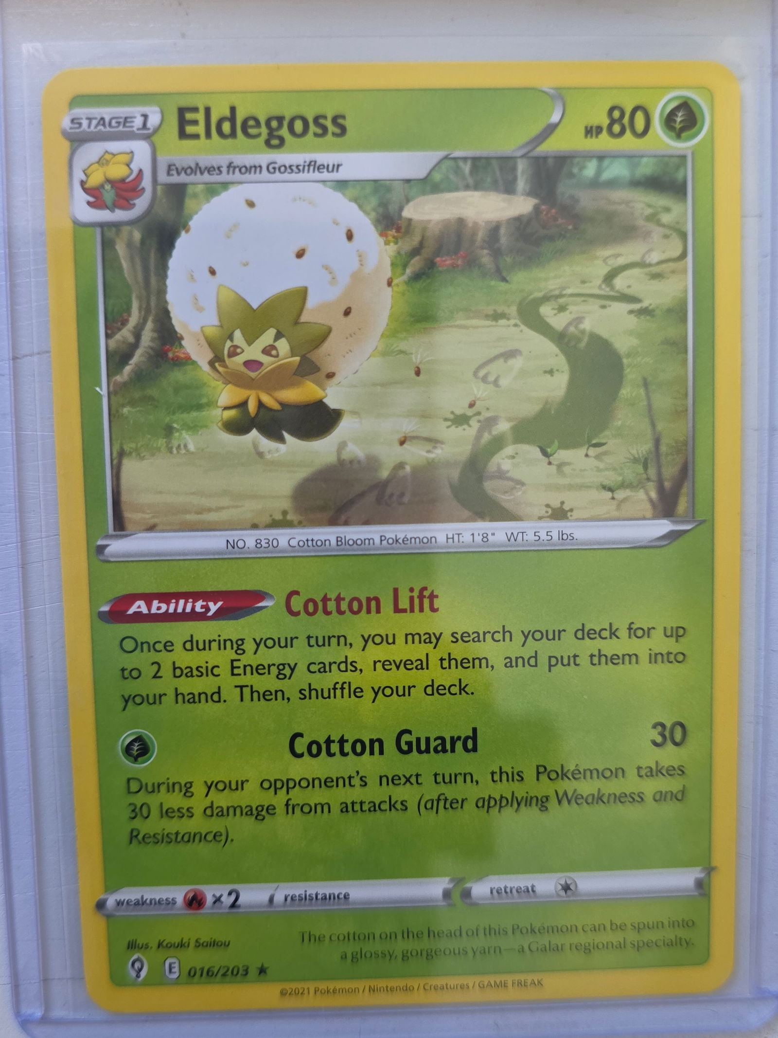 2021 Eldegoss Evolving Skies 016/203 Rare Pokemon Card: 2021 Pokemon Eldegoss card numbered 016/203 from the Sword & Shield Evolving Skies expansion set. Illustrated by Kouki Saitou. Stage 1 Grass-type Pokemon evolving from Gossifleur. Card stored in penny