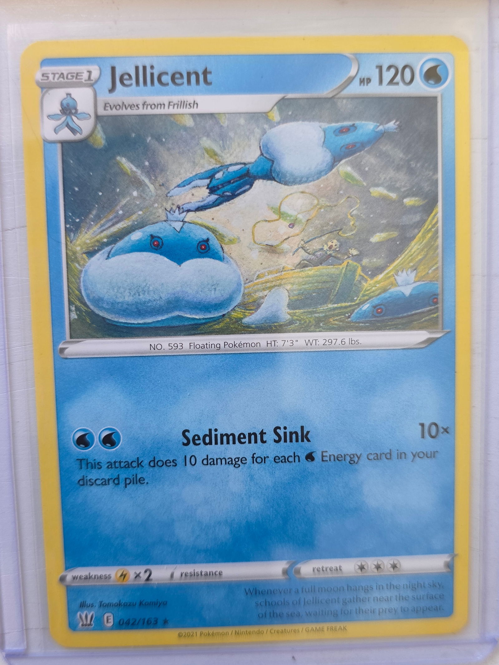 2021 Jellicent Battle Styles 042/163 Rare Pokemon Card: 2021 Pokemon Jellicent card numbered 042/163 from the Sword & Shield Battle Styles expansion set. Illustrated by Tomokazu Komiya. Stage 1 Water-type Pokemon evolving from Frillish. Card stored in penn