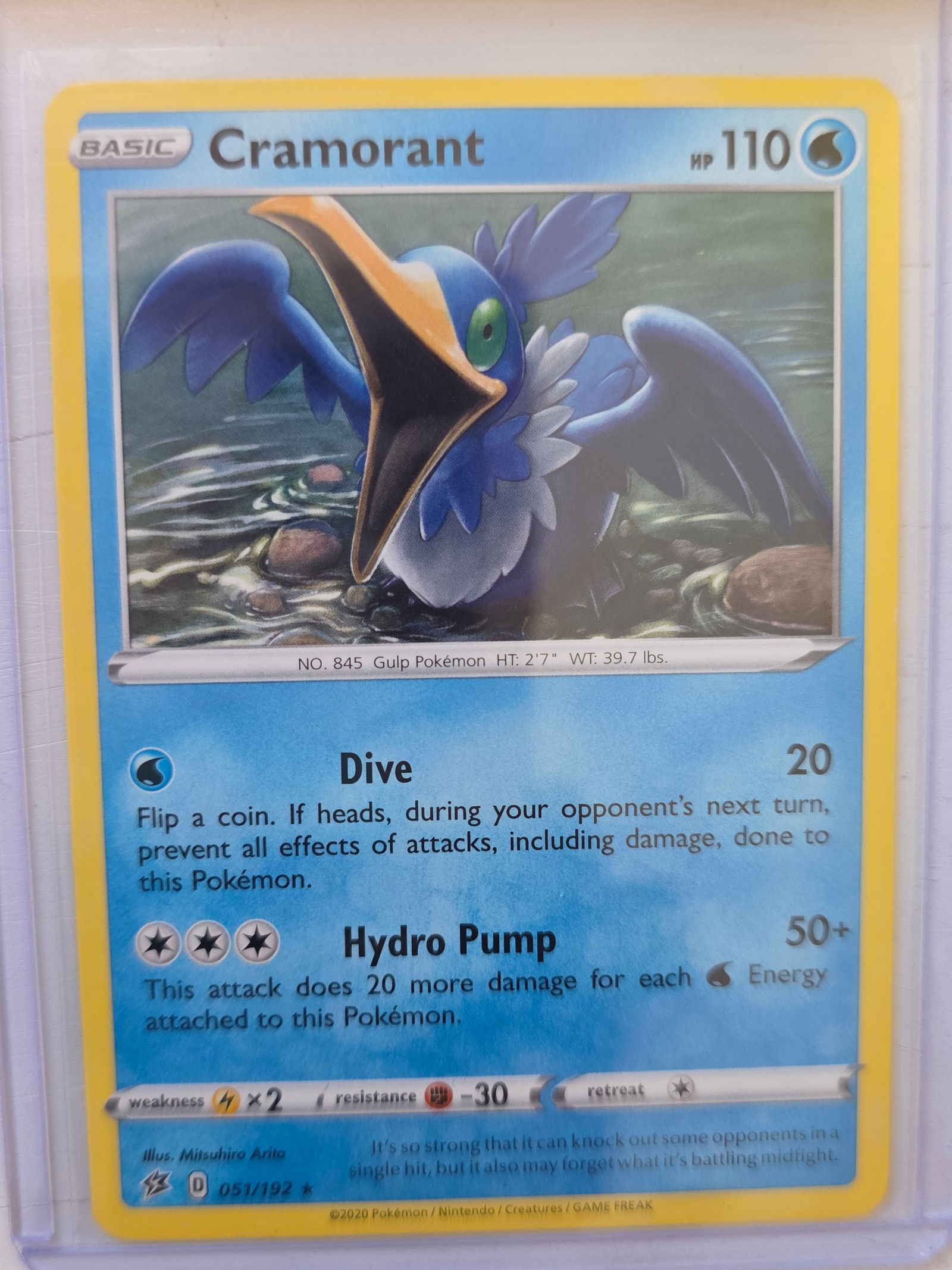2020 Cramorant Rebel Clash 051/192 Rare Pokemon Card: 2020 Pokemon Cramorant card numbered 051/192 from the Sword & Shield Rebel Clash expansion set. Illustrated by Mitsuhiro Arita. Water type Basic Pokemon featuring the attacks Dive and Hydro Pump. Card