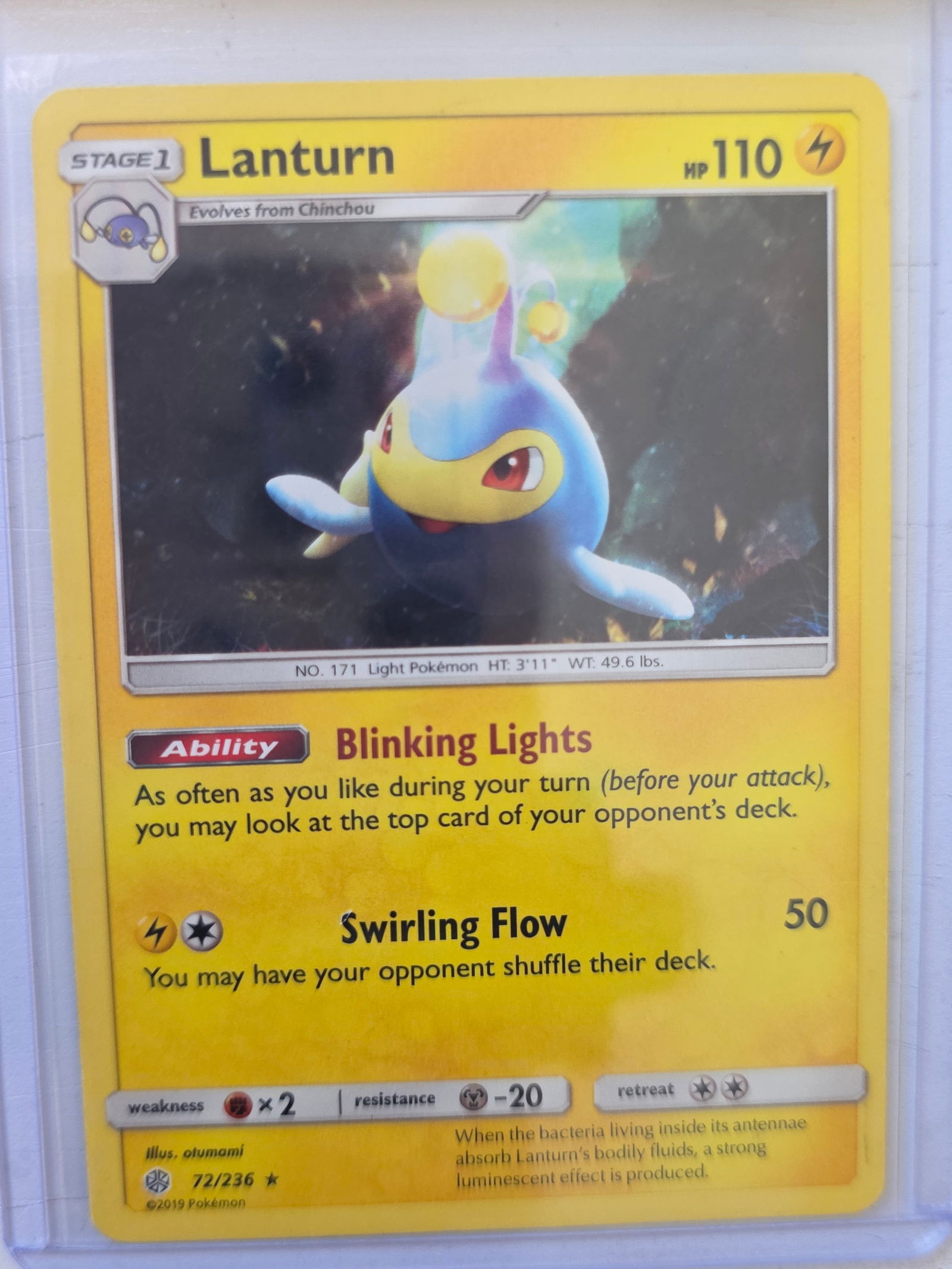 2019 Lanturn Cosmic Eclipse 072/236 Rare Pokemon Card: 2019 Pokemon Lanturn card numbered 072/236 from the Sun & Moon Cosmic Eclipse expansion set. Illustrated by otumami. Stage 1 Lightning type Pokemon evolving from Chinchou featuring the ability Blinkin