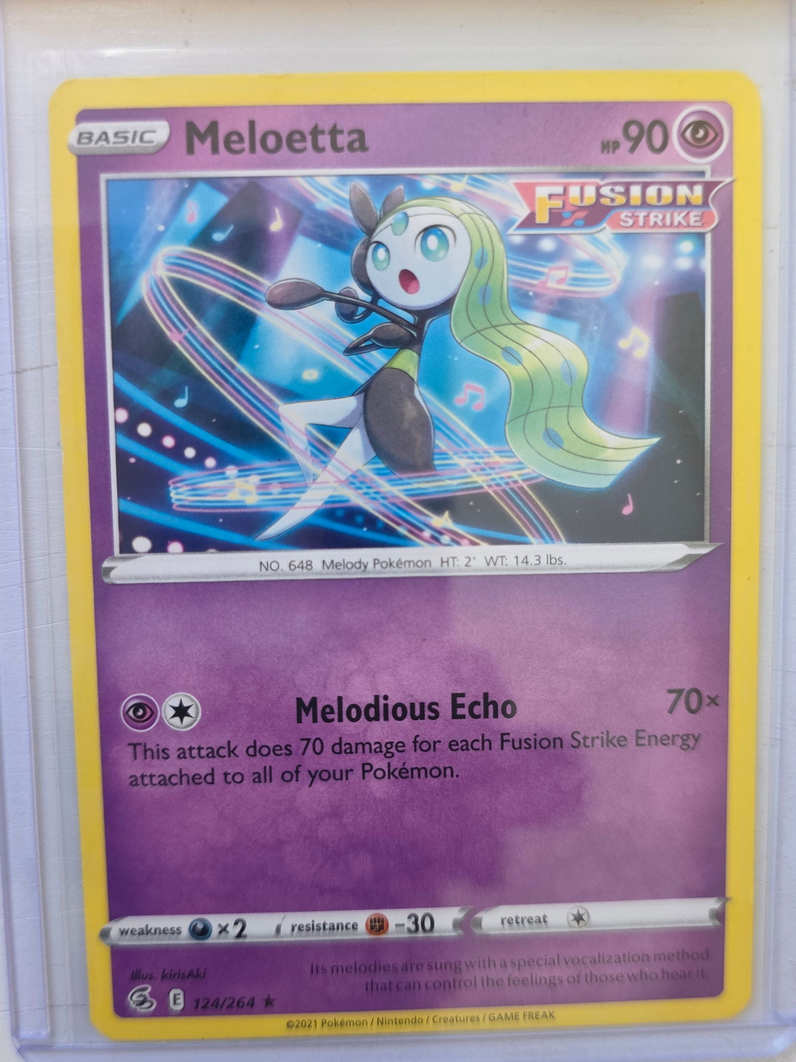 2021 Meloetta Fusion Strike 124/264 Rare Pokemon Card: 2021 Pokemon Meloetta card numbered 124/264 from the Sword & Shield Fusion Strike expansion set. Illustrated by kirisAki. Psychic type Basic Pokemon featuring the attack Melodious Echo. Card stored in