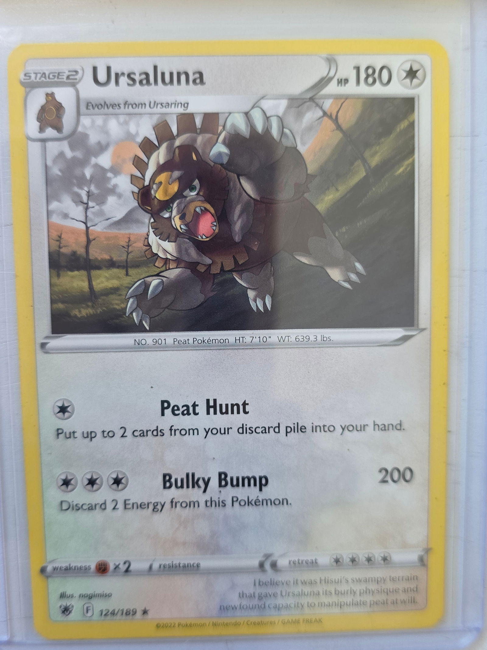 2022 Ursaluna Astral Radiance 124/189 Rare Pokemon Card: 2022 Pokemon Ursaluna card numbered 124/189 from the Sword & Shield Astral Radiance expansion set. Illustrated by nagimiso. Stage 2 Colorless type Pokemon evolving from Ursaring featuring the attacks