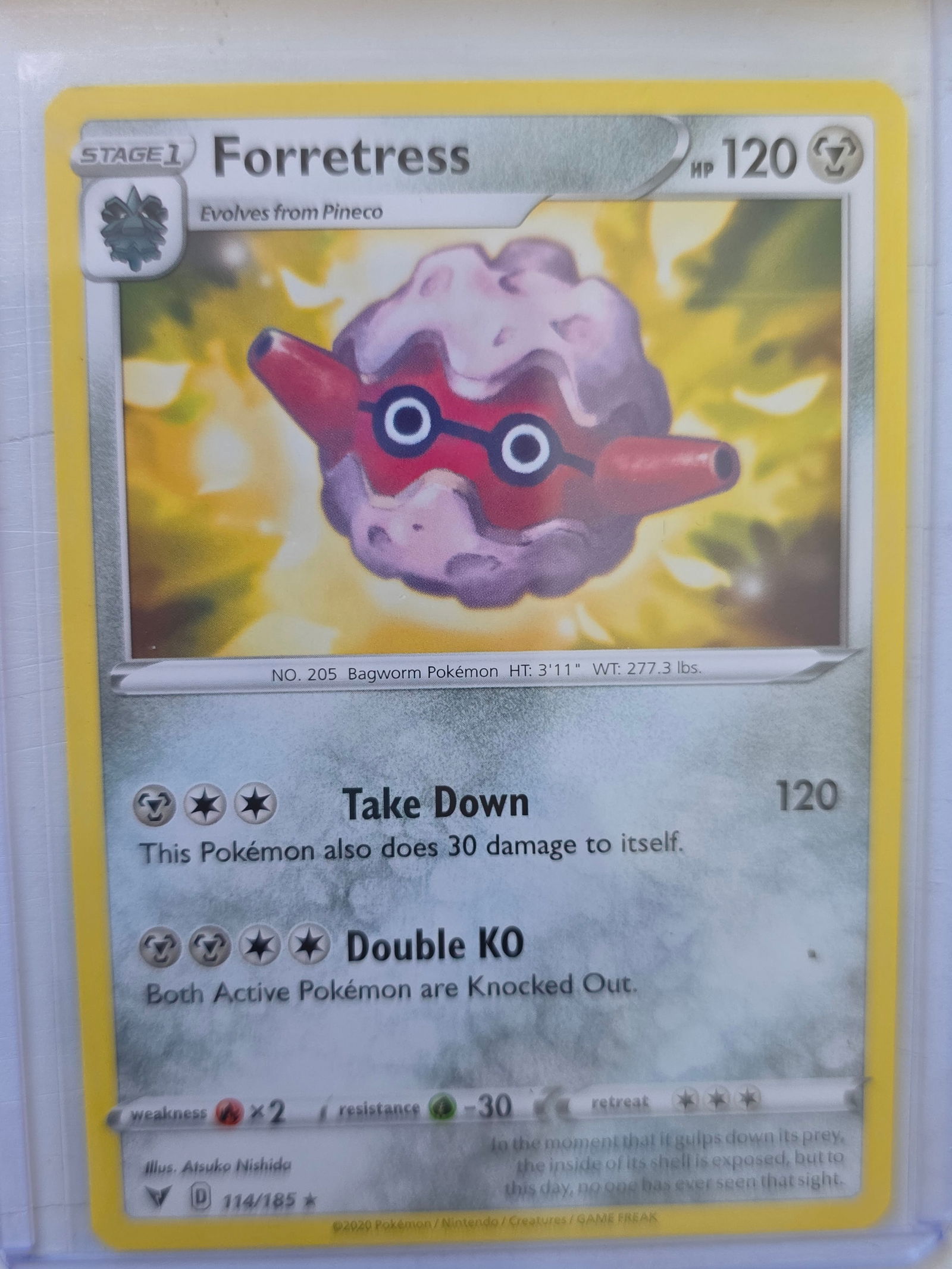 2020 Forretress Vivid Voltage 114/185 Rare Pokemon Card: 2020 Pokemon Forretress card numbered 114/185 from the Sword & Shield Vivid Voltage expansion set. Illustrated by Atsuko Nishida. Stage 1 Metal type Pokemon evolving from Pineco featuring the attacks