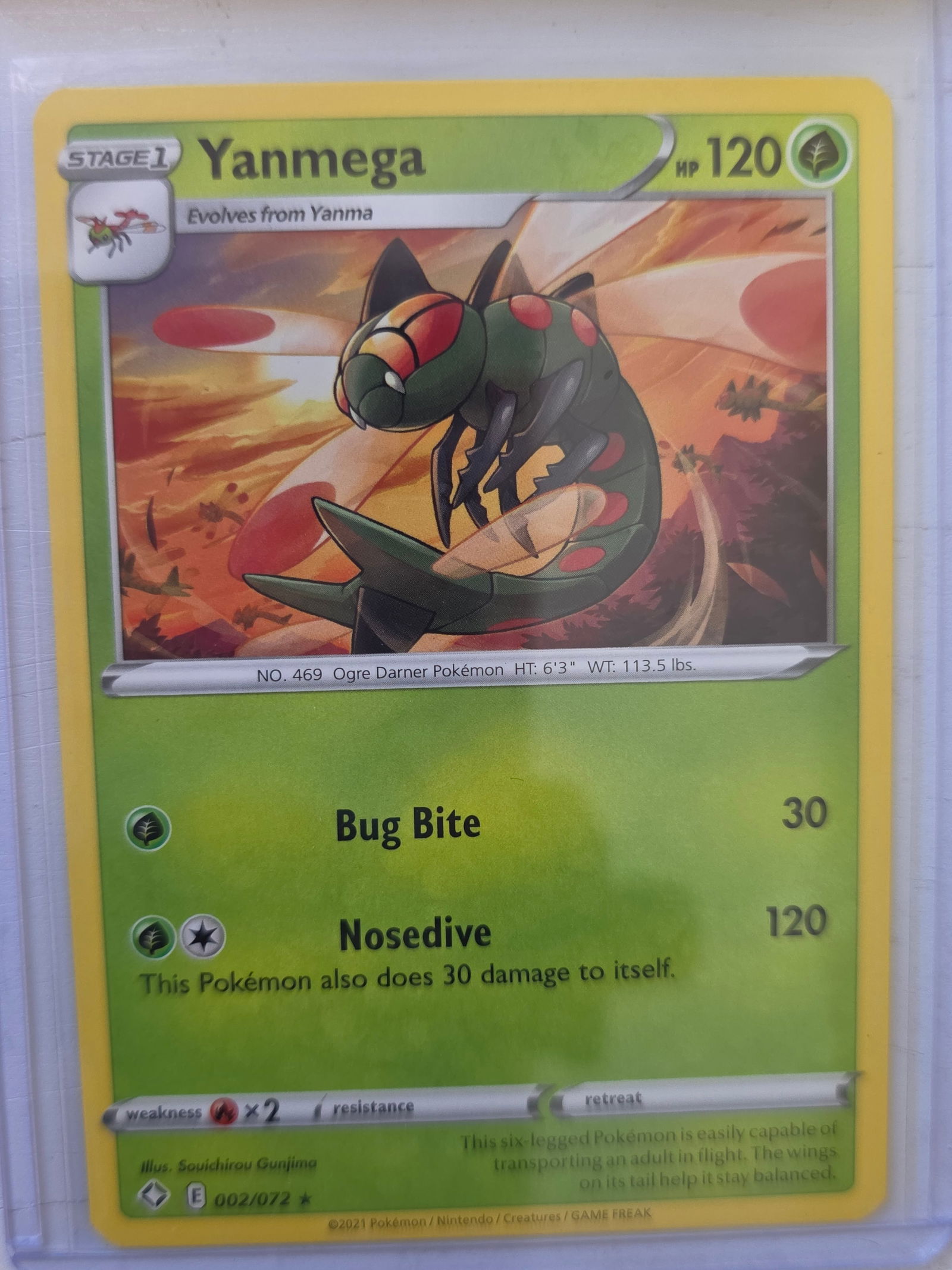 2021 Yanmega Shining Fates 002/072 Rare Pokemon Card: 2021 Pokemon Yanmega card numbered 002/072 from the Shining Fates expansion set. Illustrated by Souichirou Gunjima. Stage 1 Grass type Pokemon evolving from Yanma featuring the attacks Bug Bite and No