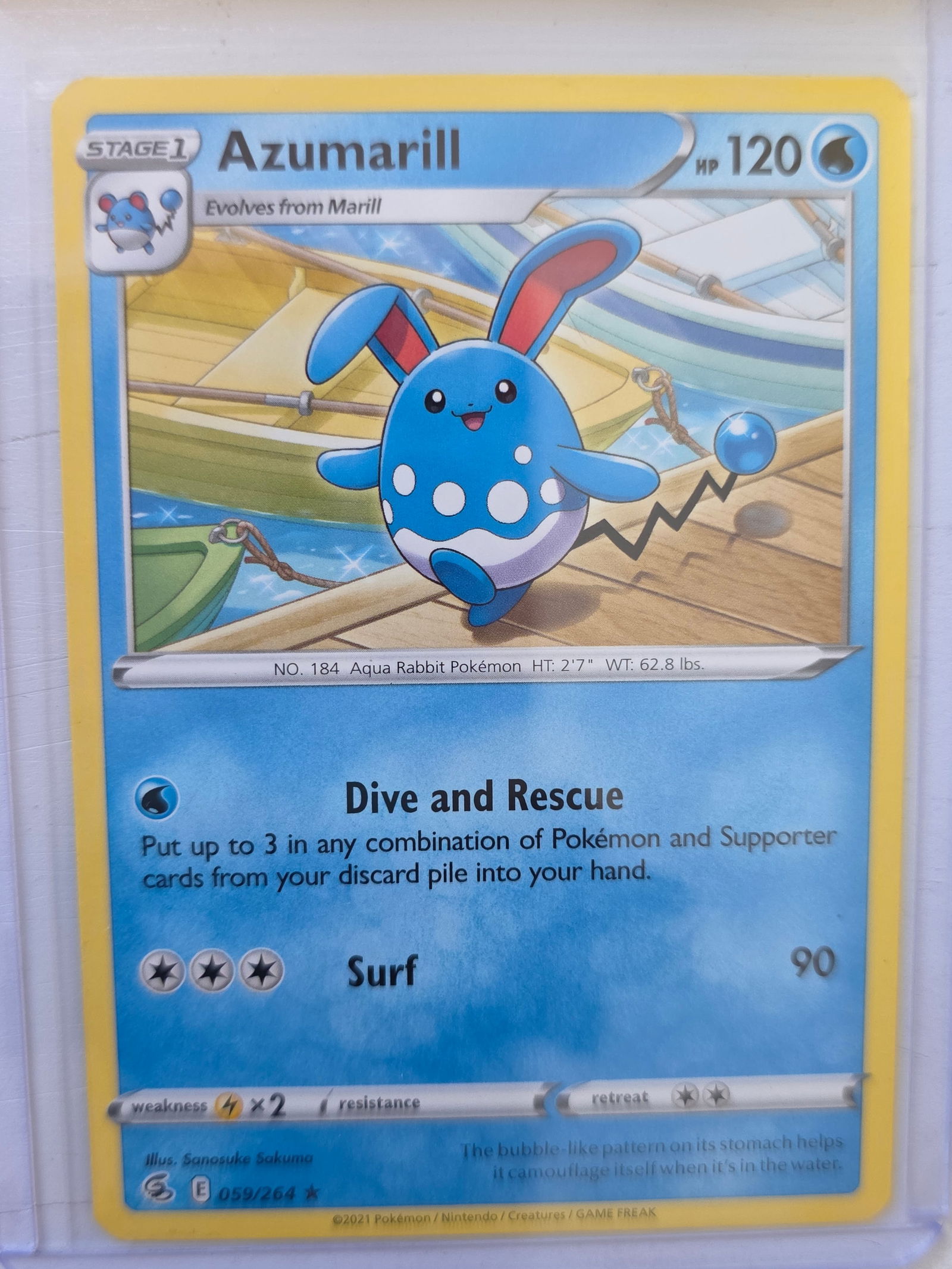 2021 Azumarill Fusion Strike 059/264 Rare Pokemon Card: 2021 Pokemon Azumarill card numbered 059/264 from the Sword & Shield Fusion Strike expansion set. Illustrated by Sanosuke Sakuma. Stage 1 Water type Pokemon evolving from Marill featuring the moves Di