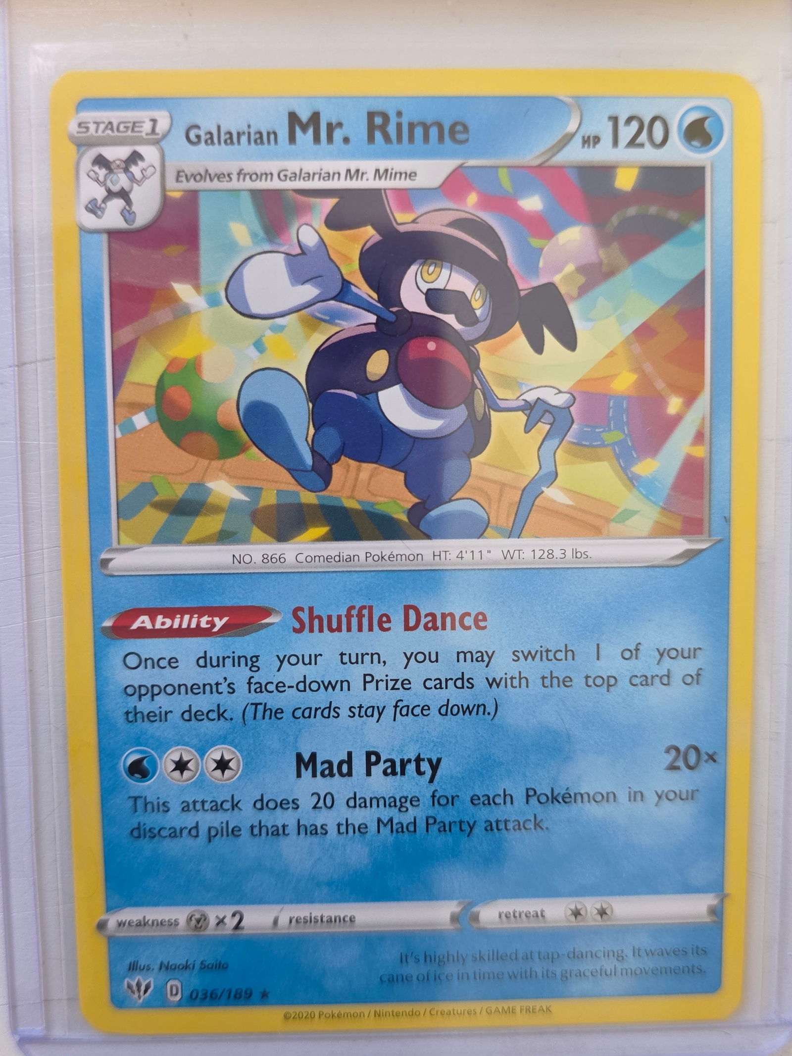 2020 Galarian Mr Rime Darkness Ablaze 036/189 Rare Pokemon Card: 2020 Pokemon Galarian Mr Rime card numbered 036/189 from the Sword & Shield Darkness Ablaze expansion set. Illustrated by Naoki Saito. Stage 1 Water type Pokemon evolving from Galarian Mr Mime featuri