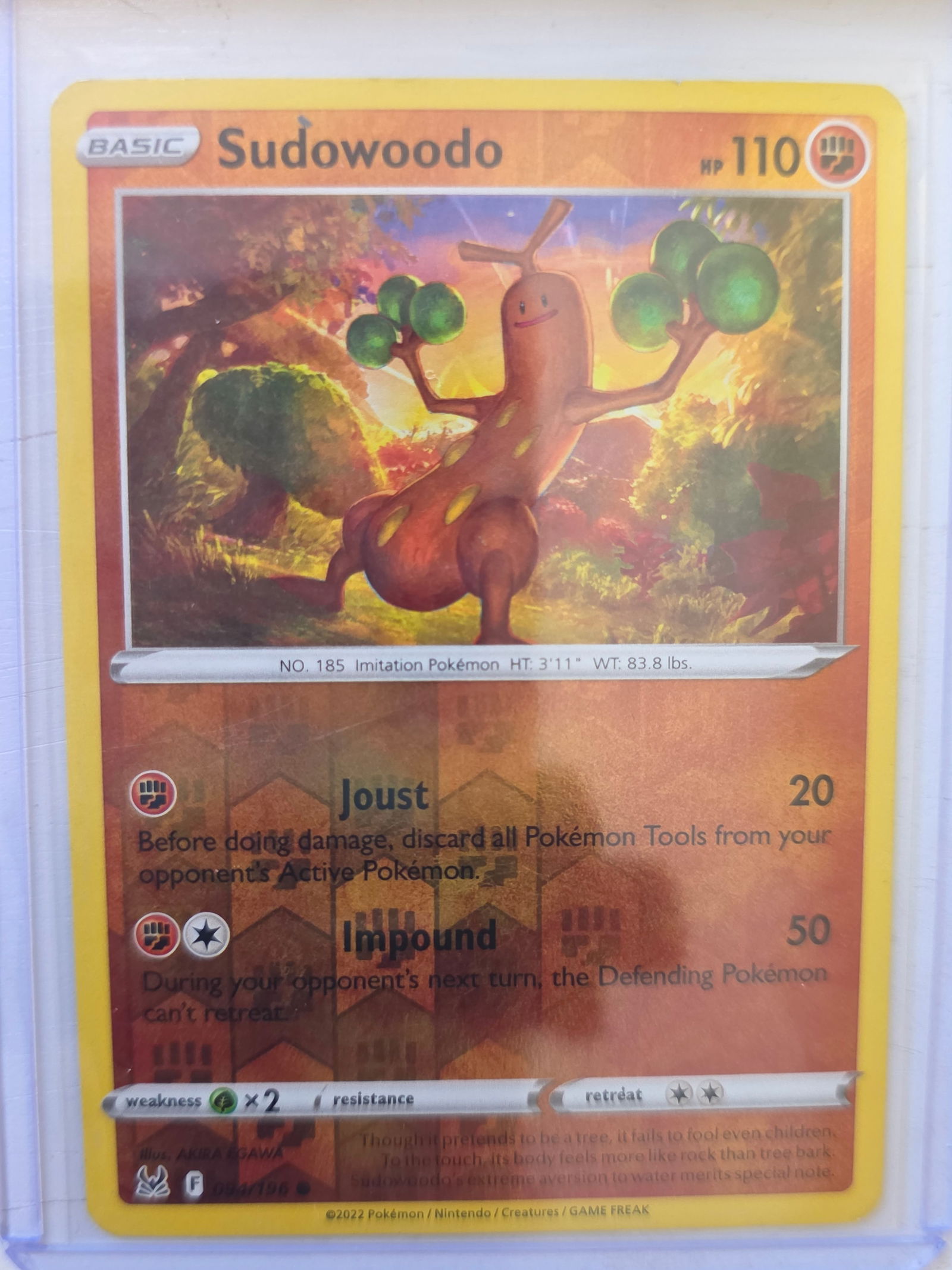 2022 Sudowoodo Astral Radiance 084/189 Reverse Holo Pokemon Card: 2022 Pokemon Sudowoodo reverse holo card numbered 084/189 from the Sword & Shield Astral Radiance expansion set. Illustrated by Anesaki Dynamic. Reverse holographic foil pattern across the card surfac