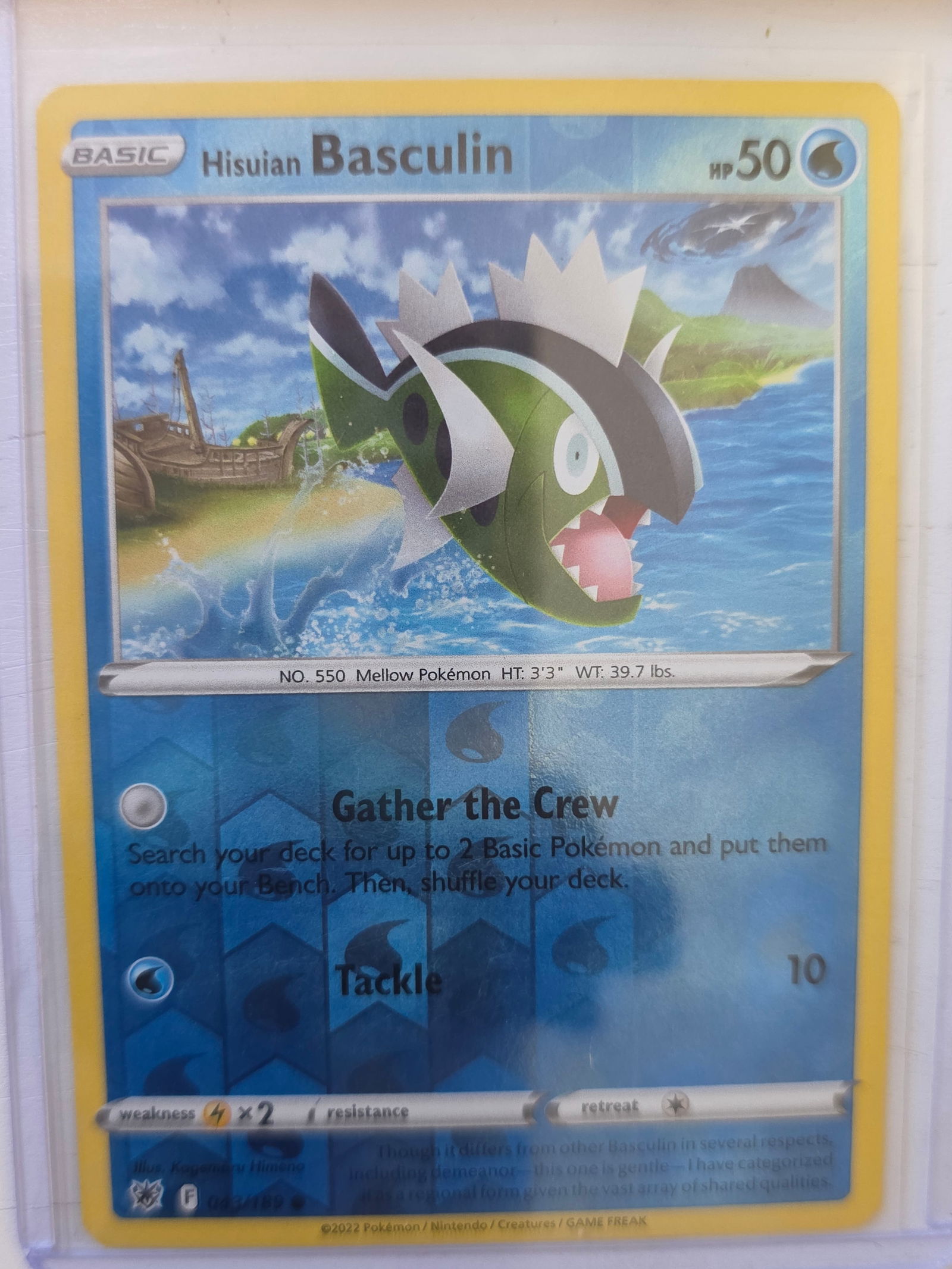 2022 Hisuian Basculin Astral Radiance 043/189 Reverse Holo Pokemon Card: 2022 Pokemon Hisuian Basculin reverse holo card numbered 043/189 from the Sword & Shield Astral Radiance expansion set. Illustrated by Kagemaru Himeno. Reverse holographic foil pattern across the card