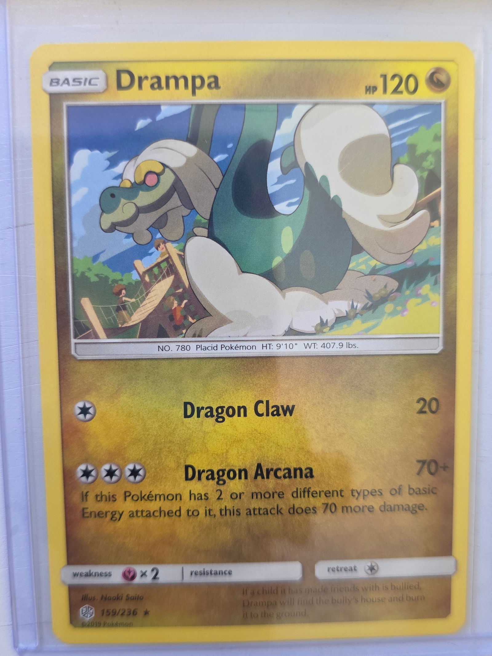 2019 Drampa Cosmic Eclipse 159/236 Rare Pokemon Card: 2019 Pokemon Drampa rare card numbered 159/236 from the Sun & Moon Cosmic Eclipse expansion set. Illustrated by Naoki Saito. Dragon type Pokemon with attacks Dragon Claw and Dragon Arcana. Card stored
