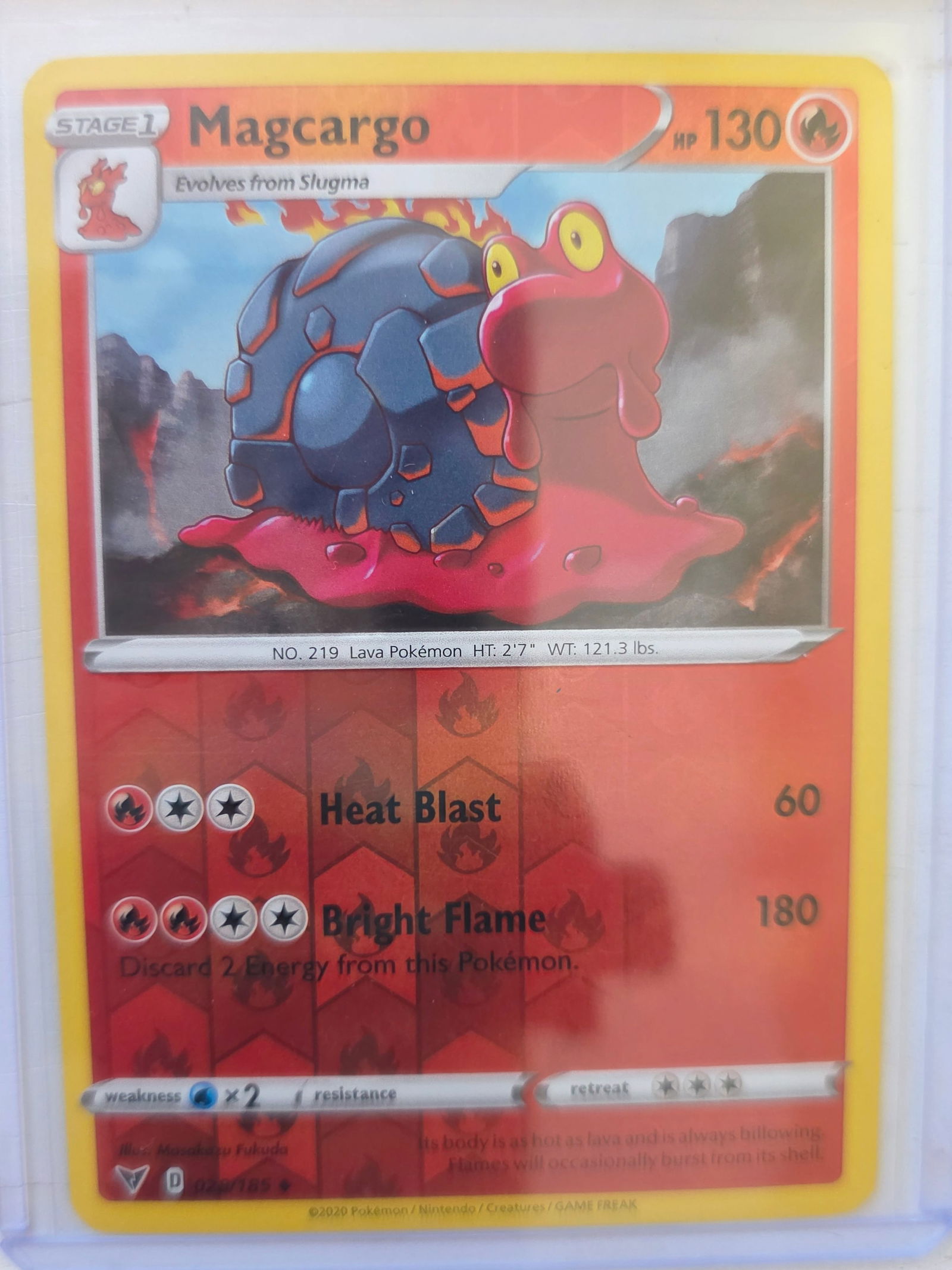 2020 Magcargo Darkness Ablaze 029/189 Reverse Holo Pokemon Card: 2020 Pokemon Magcargo reverse holo card numbered 029/189 from the Sword & Shield Darkness Ablaze expansion set. Illustrated by Masakazu Fukuda. Reverse holographic foil pattern across the card surface