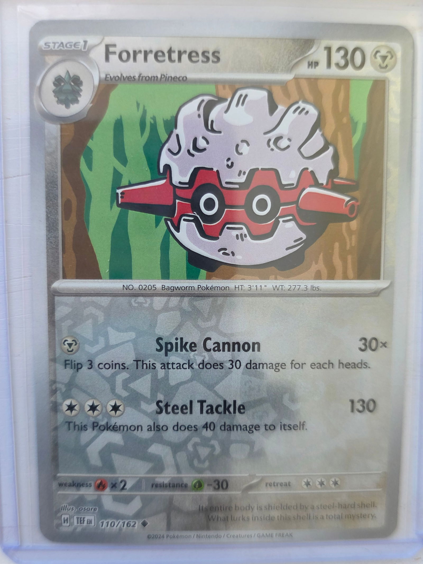 2024 Forretress Temporal Forces 110/162 Reverse Holo Pokemon Card: 2024 Pokemon Forretress reverse holo card numbered 110/162 from the Scarlet & Violet Temporal Forces expansion set. Illustrated by osare. Reverse holographic foil pattern across the card surface. Card