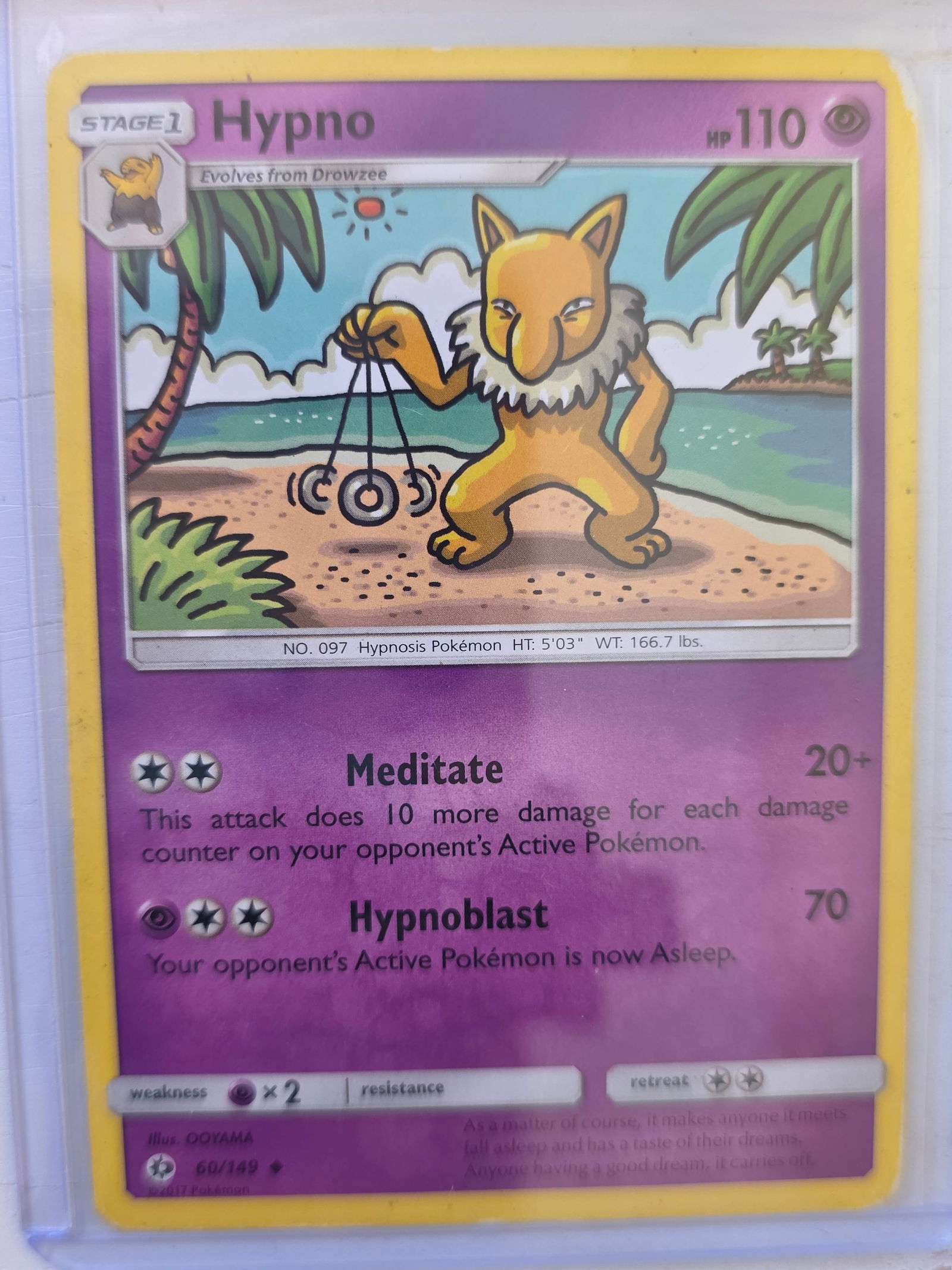 2017 Hypno Sun & Moon Base Set 60/149 Pokemon Card: 2017 Pokemon Hypno Stage 1 card numbered 60/149 from the Sun & Moon Base Set expansion. Evolves from Drowzee. Illustrated by OOYAMA. Card stored in penny sleeve and top loader.