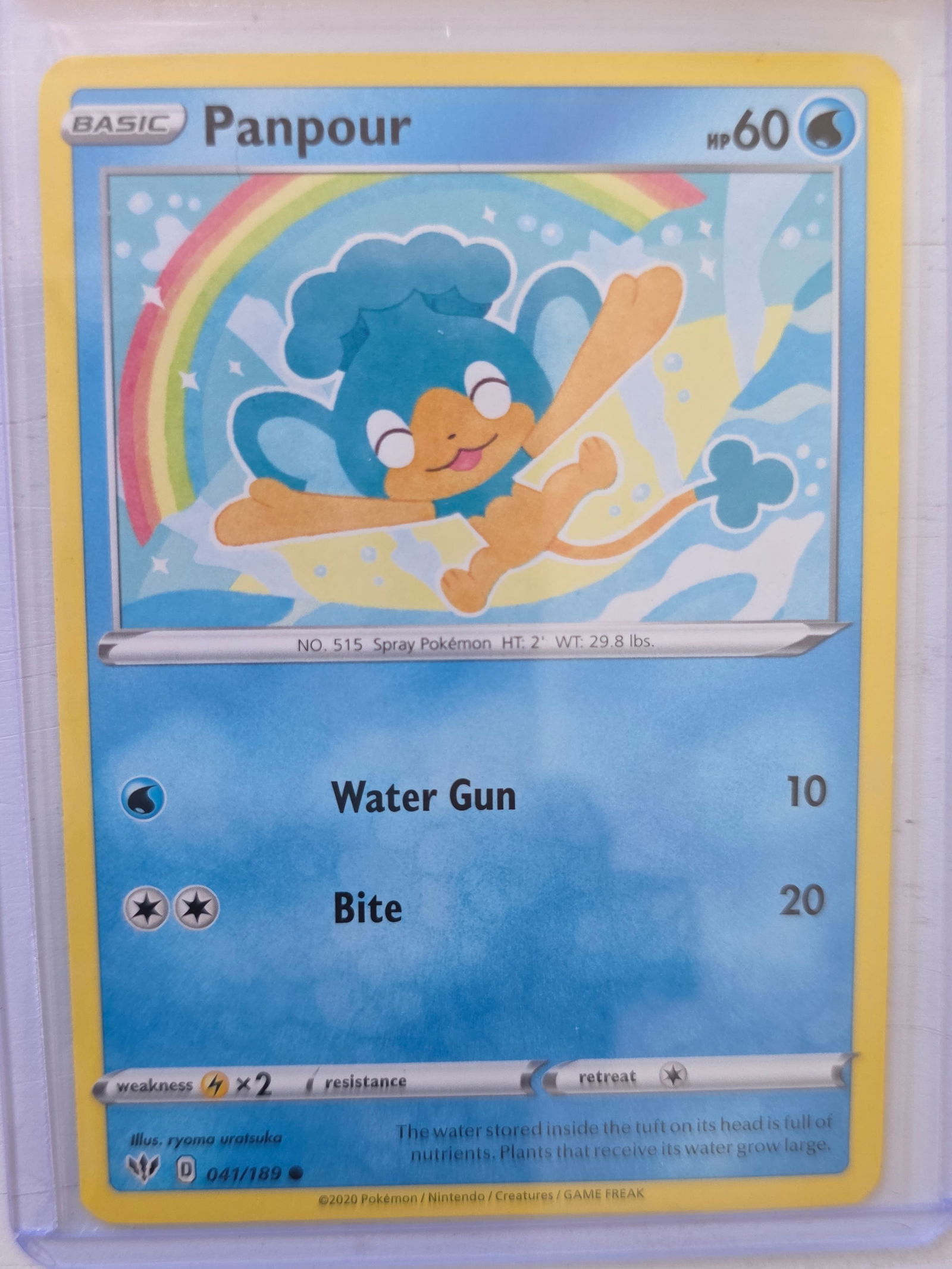 2020 Panpour Darkness Ablaze 041/189 Pokemon Card: 2020 Pokemon Panpour basic card numbered 041/189 from the Sword & Shield Darkness Ablaze expansion set. Illustrated by Ryoma Uratsuka. Card stored in penny sleeve and top loader.