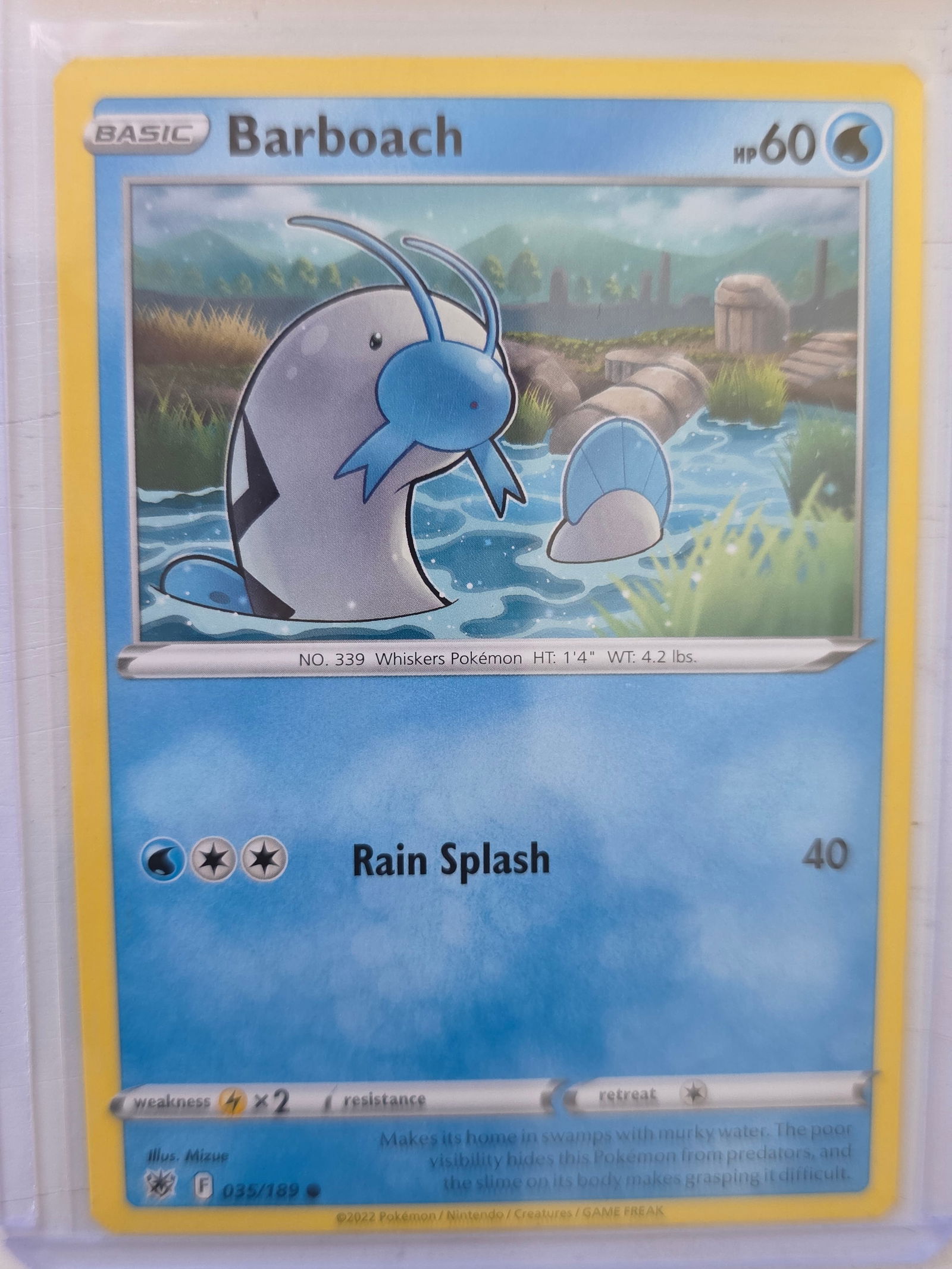 2022 Barboach Astral Radiance 035/189 Pokemon Card: 2022 Pokemon Barboach basic card numbered 035/189 from the Sword & Shield Astral Radiance expansion set. Illustrated by Mizue. Card stored in penny sleeve and top loader.