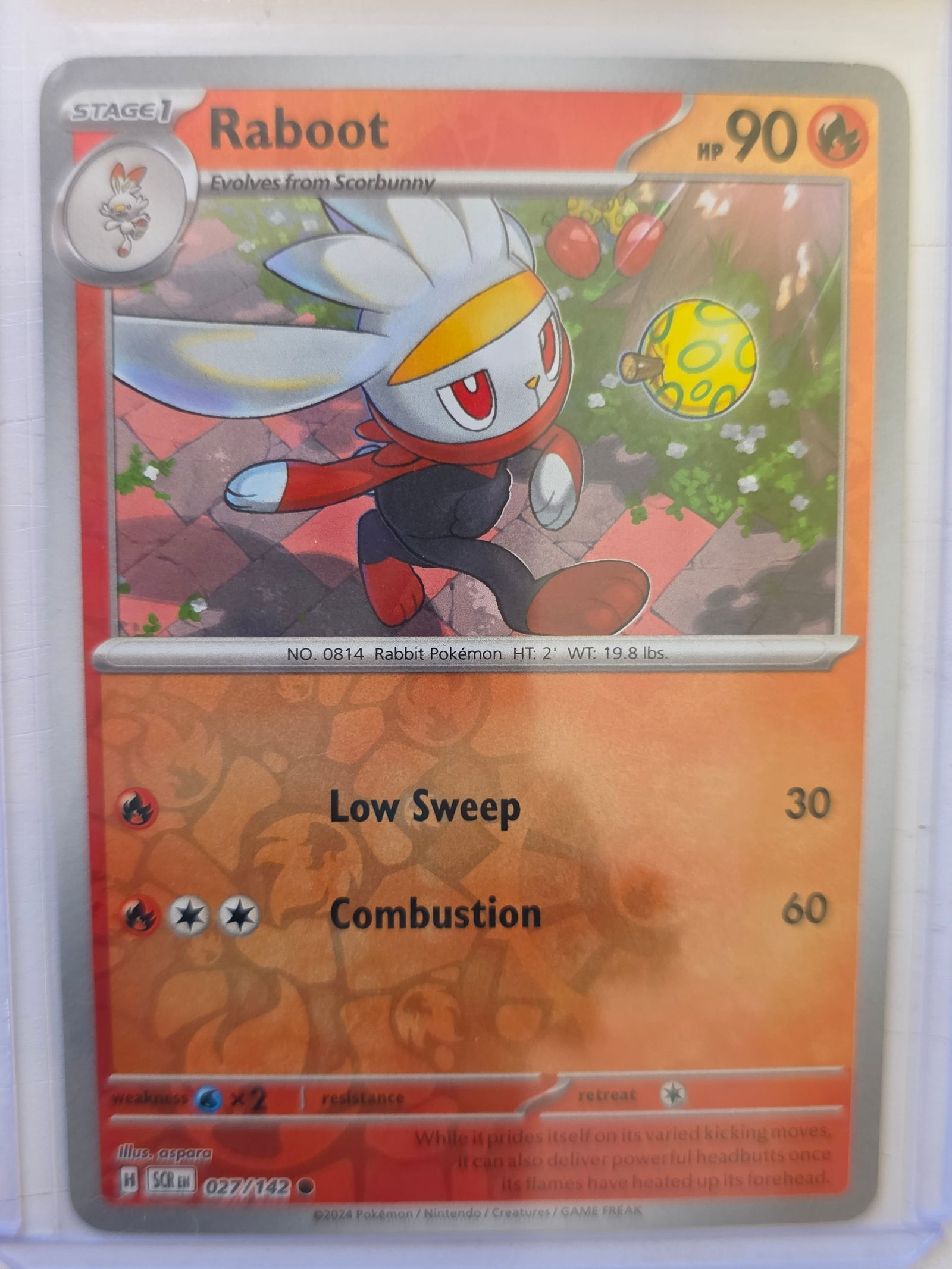 2024 Raboot Stellar Crown 027/142 Reverse Holo Pokemon Card: 2024 Pokemon Raboot Stage 1 reverse holo card numbered 027/142 from the Scarlet & Violet Stellar Crown expansion set. Evolves from Scorbunny. Illustrated by aspara. Reverse holographic foil pattern ac