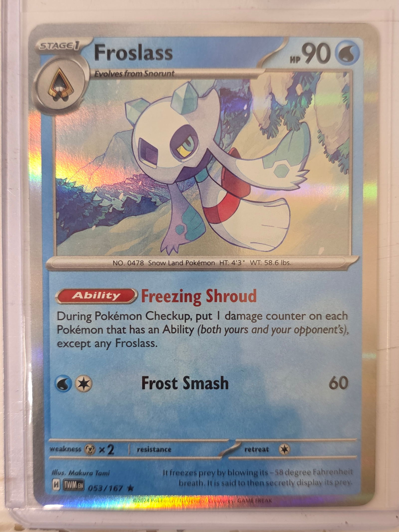 2024 Froslass Twilight Masquerade 053/167 Holo Pokemon Card: 2024 Pokemon Froslass Stage 1 holographic card numbered 053/167 from the Scarlet & Violet Twilight Masquerade expansion set. Illustrated by Makura Tami. Holographic foil pattern across the illustratio