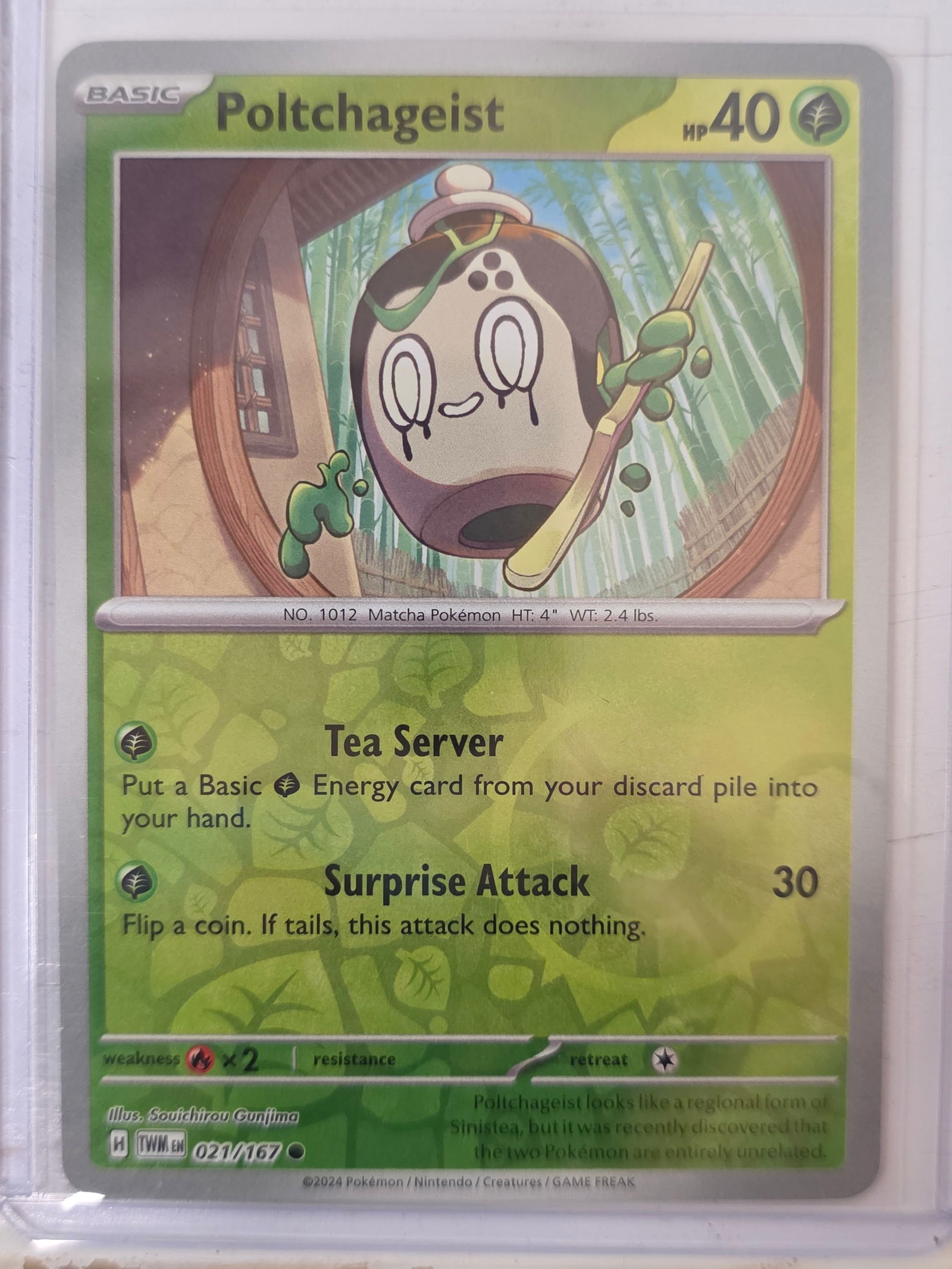 2024 Poltchageist Twilight Masquerade 021/167 Reverse Holo Pokemon Card: 2024 Pokemon Poltchageist reverse holo card numbered 021/167 from the Scarlet & Violet Twilight Masquerade expansion set. Illustrated by Souichirou Gunjima. Reverse holographic foil pattern across the