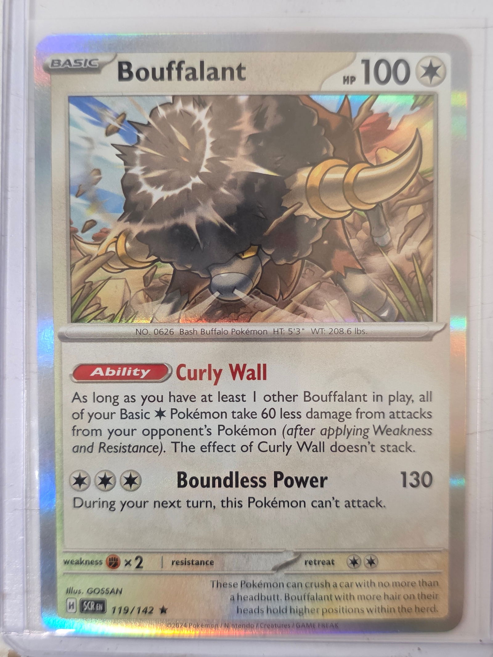 2024 Bouffalant Stellar Crown 119/142 Holo Pokemon Card: 2024 Pokemon Bouffalant holographic card numbered 119/142 from the Scarlet & Violet Stellar Crown expansion set. Illustrated by GOSSAN. Standard holographic rare finish across the illustration area. C