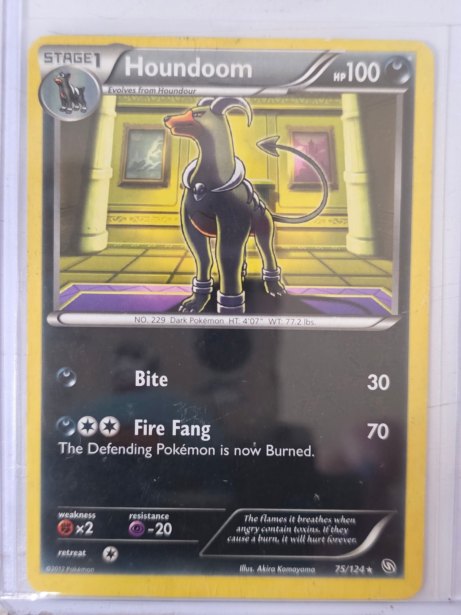 2012 Houndoom Dragons Exalted 75/124 Holo Pokemon Card: 2012 Pokemon Houndoom holographic card numbered 75/124 from the Black & White Dragons Exalted expansion set. Illustrated by Akira Komayama. Standard holographic rare finish across the illustration are