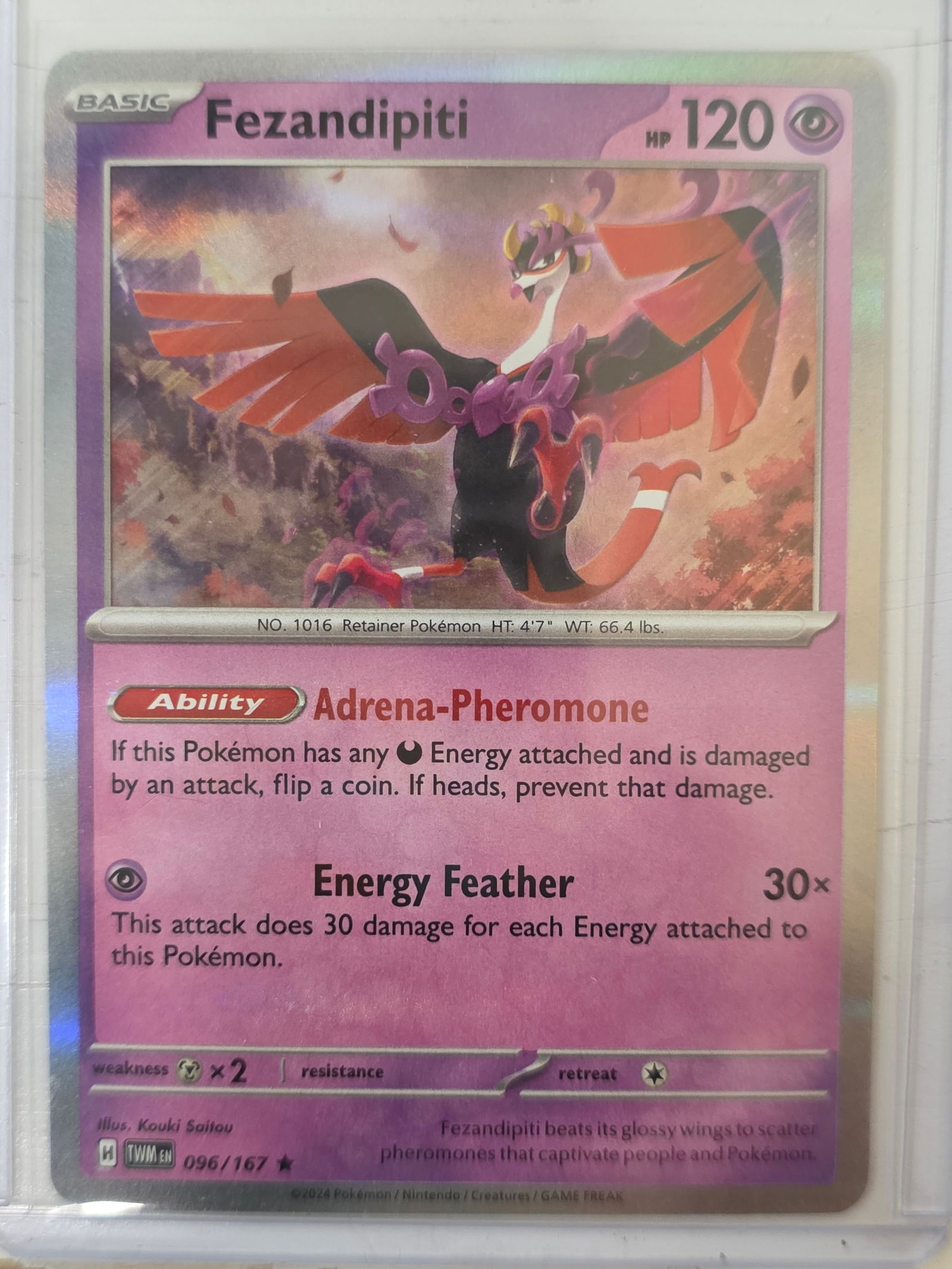 2024 Fezandipiti Twilight Masquerade 096/167 Holo Pokemon Card: 2024 Pokemon Fezandipiti holographic card numbered 096/167 from the Scarlet & Violet Twilight Masquerade expansion set. Illustrated by Kouki Saitou. Standard holographic finish across the illustration